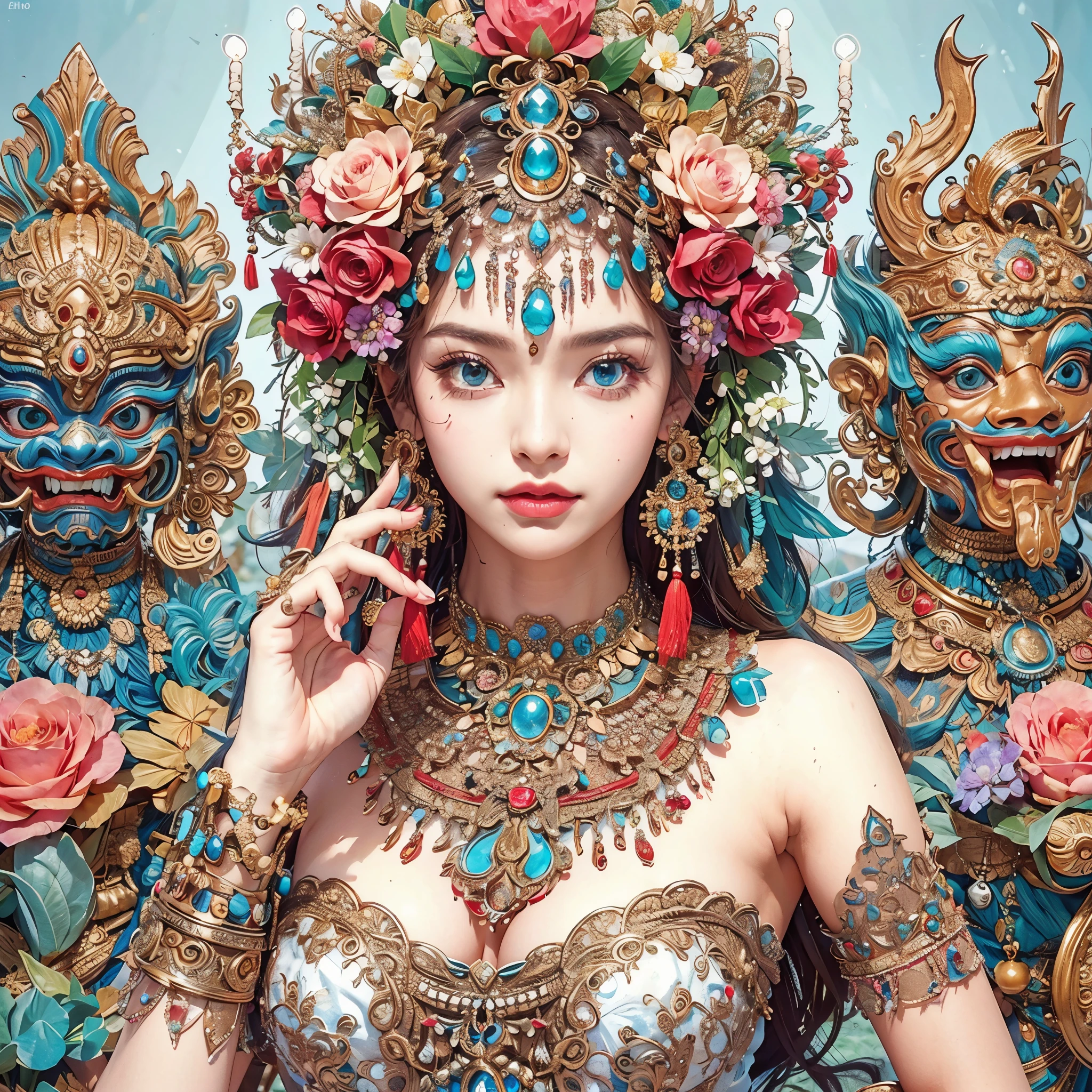 a close up of a woman in a costume with a lot of flowers, 4k highly detailed digital art, 8k high quality detailed art, 4k detailed digital art, beautiful art uhd 4 k, intricate ornate anime cgi style, ultra detailed color art, 4 k highly detailed art, detailed art in color, detailed fantasy digital art, goddess. extremely high detail, masterpiece, best quality:1.2),,(8k,highres,RAW photo,realistic,photo-realistic:1.3),(detailed skin texture,detailed cloth texture,beautiful detailed face:1.25),professional lighting,photon mapping,beautiful soft light,radiosity,physically-based rendering,raytracing, model shoot style, model shoot style, (extremely detailed CG unity 8k wallpaper), full shot body photo of the most beautiful artwork in the world,