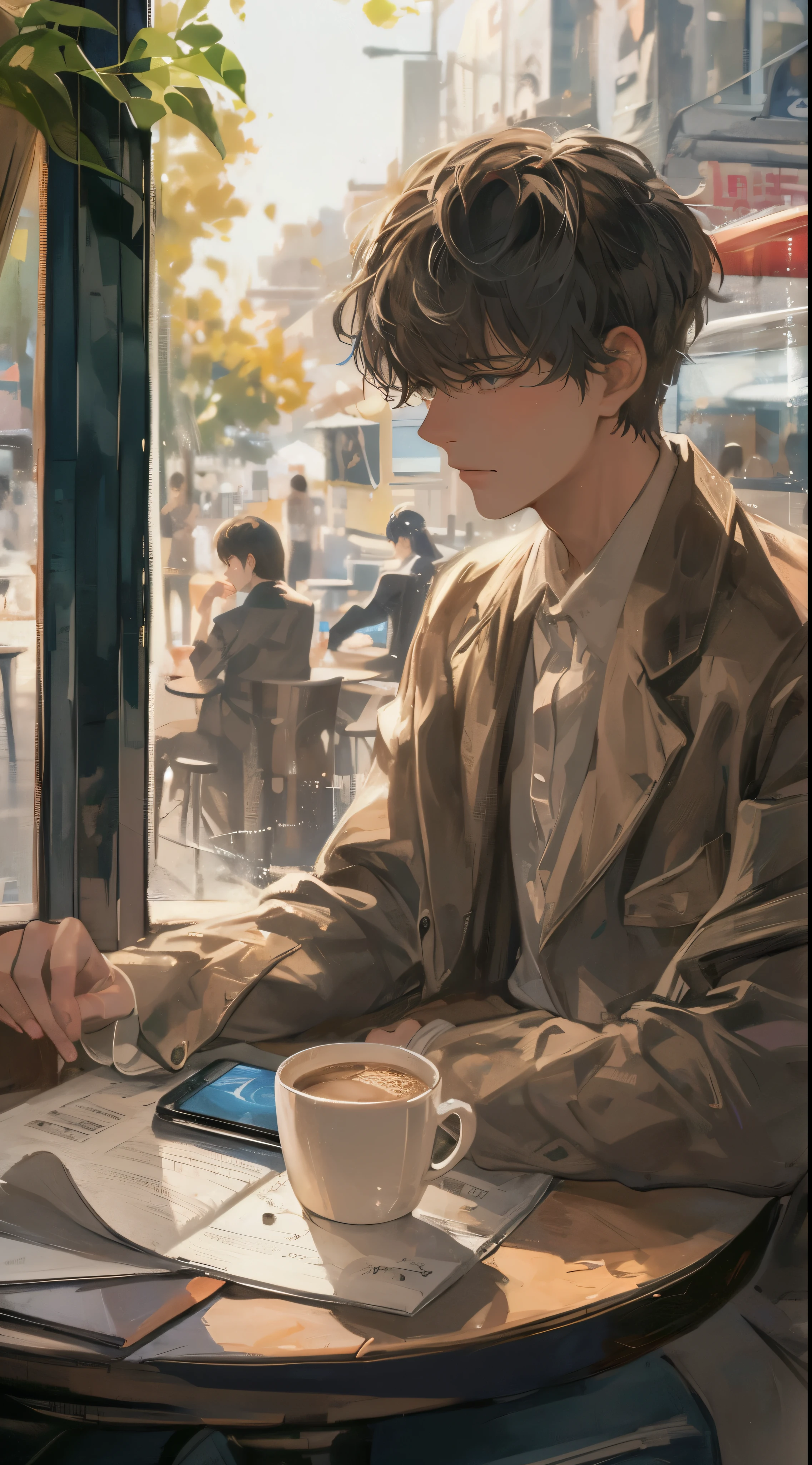 High quality, amount of drawing, pixiv illustration, Scene depicting a handsome young man sitting by the window of a cafe in the early morning. he is staring intently at his coffee cup, Feeling the gentle morning light. young man is wearing a sophisticated style, With a neat hairstyle, Wearing a stylish blazer and shirt. Beside him, I have an unread newspaper and a smartphone.. outside the cafe window, a person々is busy moving around, Start of the day, The city is slow々As the revitalization of. このシーンは新しいStart of the dayの本質を捉えています, Enjoy a quiet morning with a handsome young man