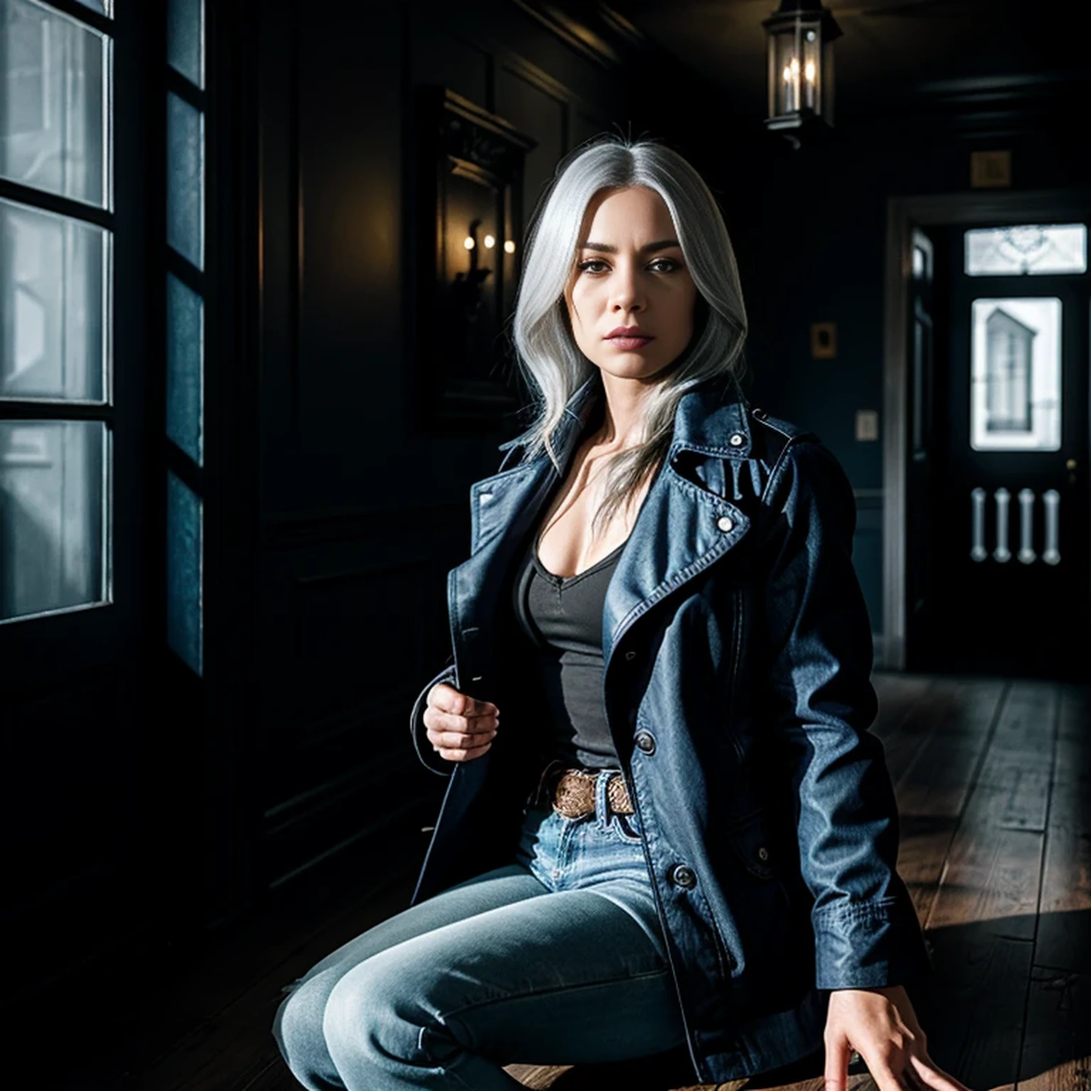 ((suspense scene ((CONCEPT ART)), extremely detailed with a girl wearing blue jeans, and brown coat and boots)), (better lighting, better shadow, an extremely delicate and scary), (digital illustration), ((4k painting)), [(dynamic angle,((1girl)),white hair, (beautiful face, perfect face, scared,) expression of fear, torn clothes, a gun in hand, sitting on the floor, darkness, scary house),  [:(dark, mysterious, game paint, sinister setting, jagged corridors, big house, deadly silence):]