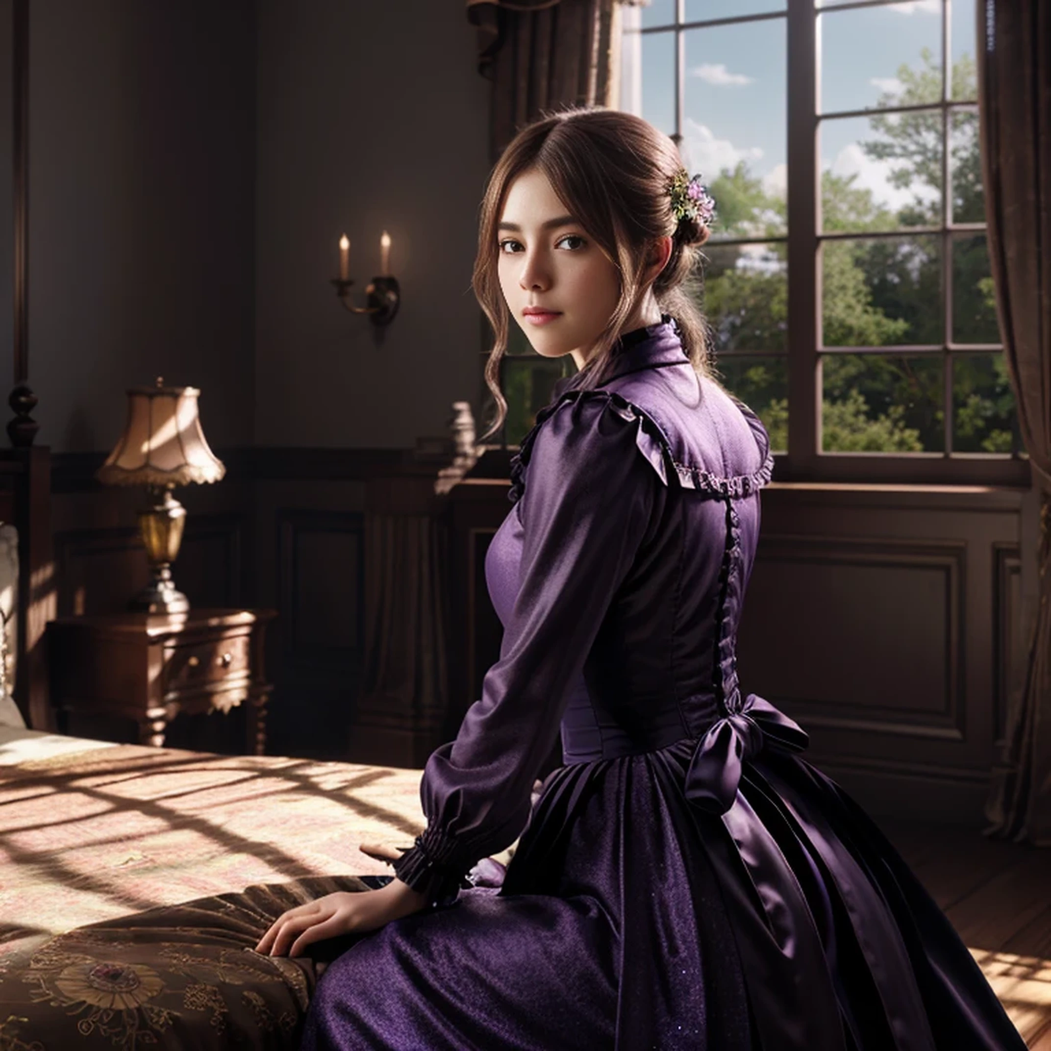 Masterpiece, best quality, (very detailed CG unified 8k wallpaper), (best quality), (best illustration), (best shadow), (Stable Diffusion Model), violet evergarden, shimmering, beautiful, victorian style bedroom, dynamic lighting, depth of field