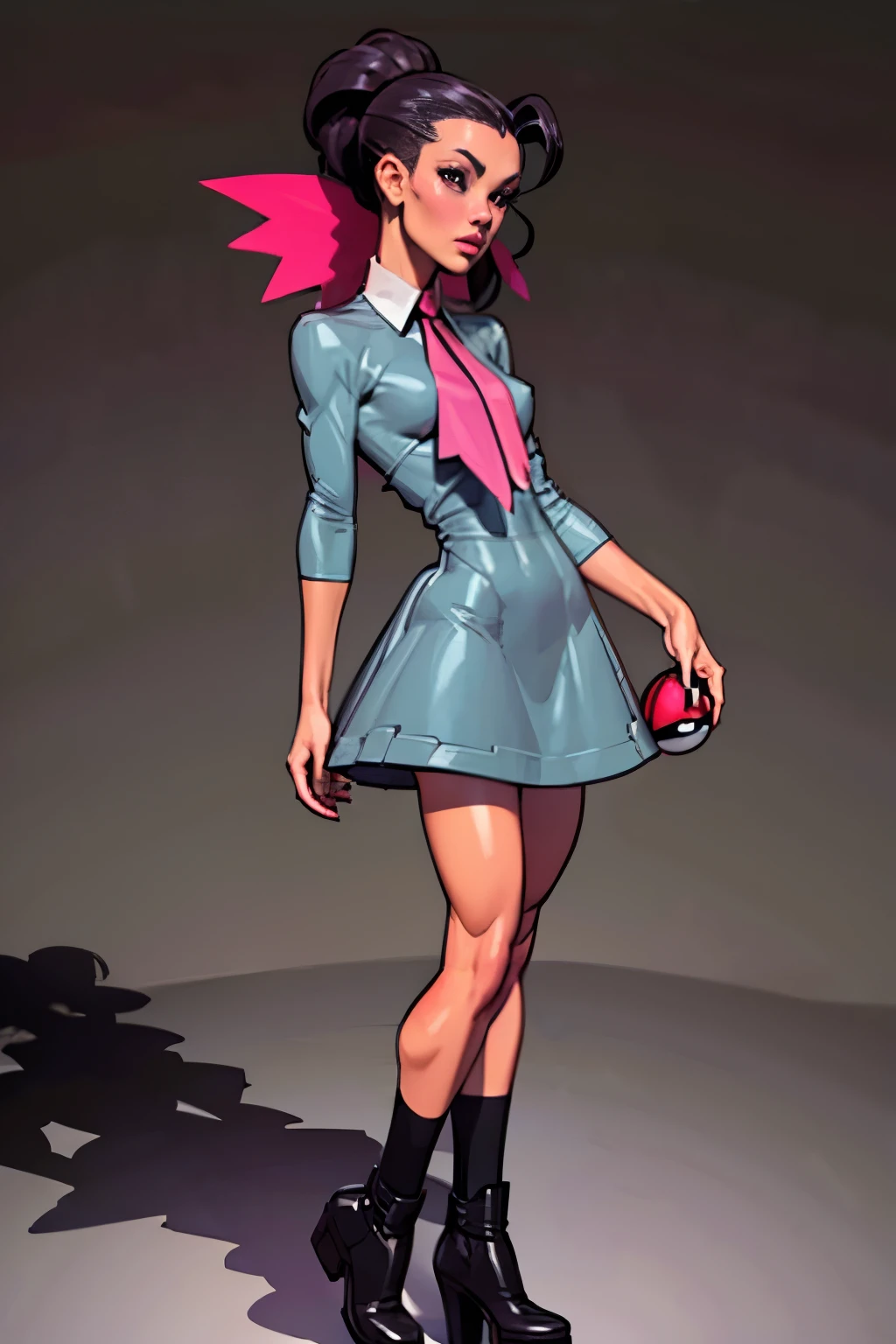 Generate an illustration of a mature Roxanne, gym leader of pokemon , (gray dress), hd, holding a pokeball  all,  de terno preto, pink ascot, long black hair, twin ponytail, shiny hair, (small breasts:1.2), outfit in anime format with a serious style, boots, make up, masterpiece, dark lighting, black background, puffy lips,(slendered abs), beautiful face,