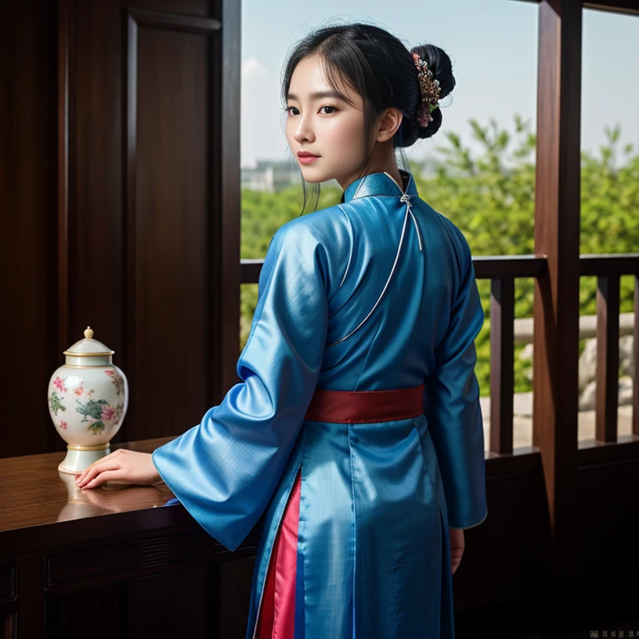 1girl.solo,hanfu,chinese clothing,(backside:1.2),photograph, masterpiece, photo realism,best quality, super high resolution, raw photo, photo shoot, professional, amazing detail, colorful, surrealism, masterpiece, best quality, HDR, viewpoint, highest quality, Sharp Focus, Digital Art Rendering, 8K,