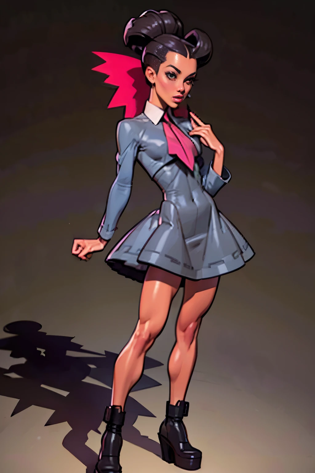 Generate an illustration of a mature Roxanne, gym leader of pokemon , (gray dress), hd, holding  all,  de terno preto, pink ascot, long black hair, long twin ponytail, shiny hair, (small breasts:1.2), outfit in anime format with a serious style, boots, make up, masterpiece, dark lighting, black background, puffy lips,(slendered abs), beautiful face,