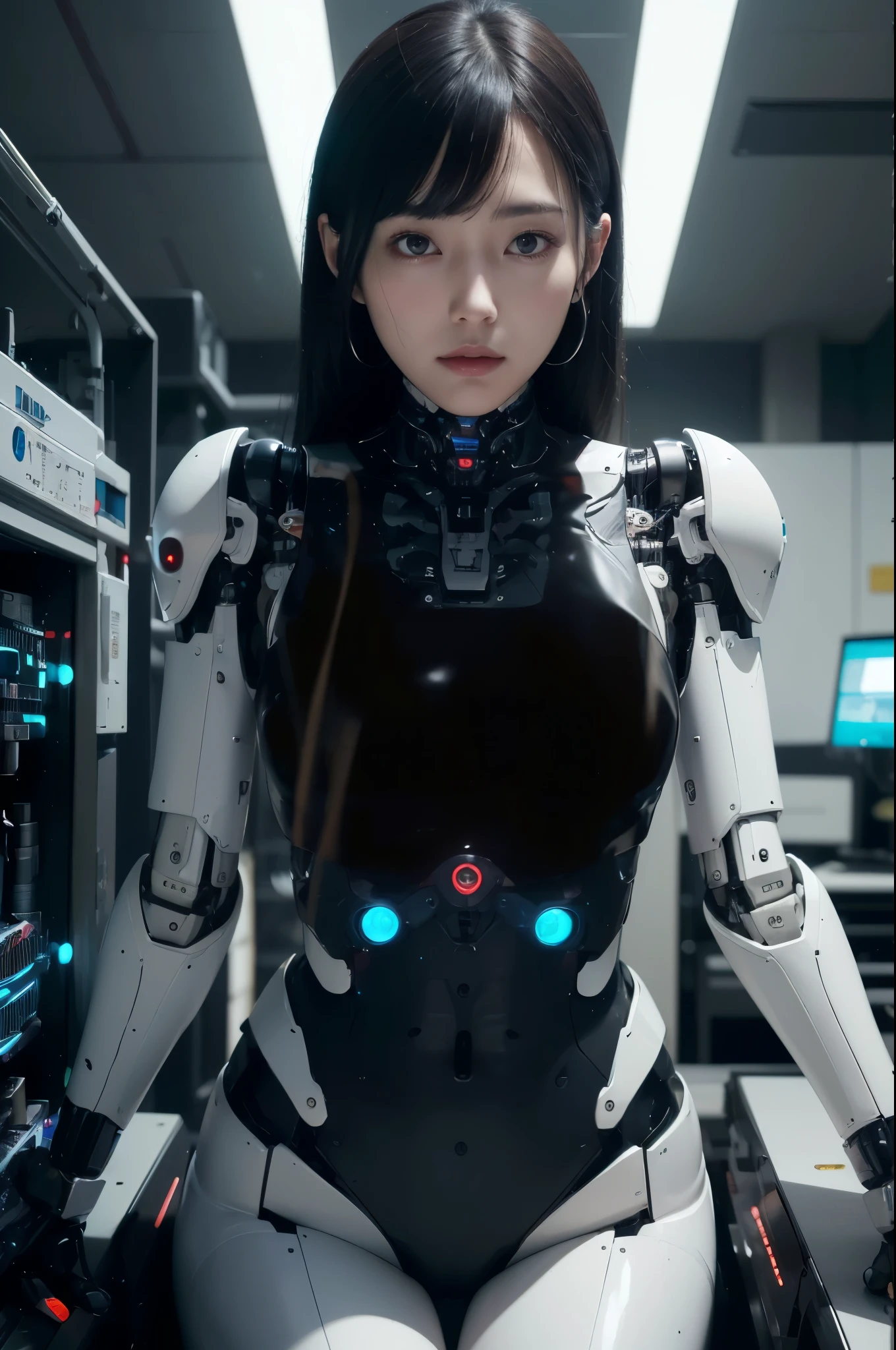(photorealistic:1.4), (RAW photo)masterpiece, best quality, extremely detailed, (8K, 4K, Best Quality, hight resolution, 超A high resolution:1.1), (masutepiece, Realistic, Photorealsitic:1.1),8k portrait, Japaese android Girl,Plump , dark black leg cover,announcer,control panels,android,Droid,Mechanical Hand, Robot arms and legs, Black Robot Parts,Black hair,Mechanical body,Blunt bangs,perfect mechanical abdomen,White robotics parts,perfect robot woman,future laboratory,cyber pank,charging spot,laboratory,long tube,thick cable connected her neck,ceramic body ,perfect mechanical body, white robot body,lod antenna,mechanical ear cover,android,robot humanoid,black sponge joints,The removable cover is in the groin,The connection port is in the groin,opened chest panel,access panel on the chest,opened panel,mechanical breastct machine body,She has repaired,assembly pla