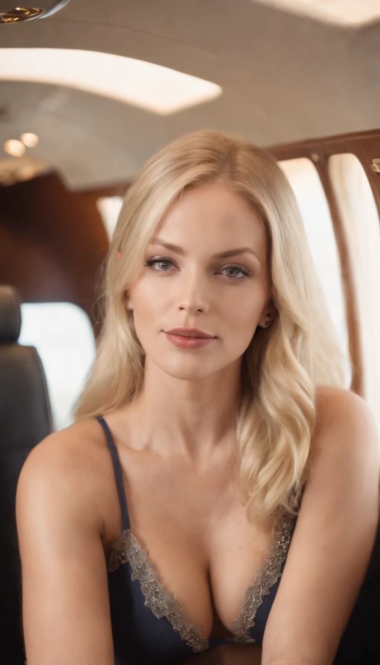 magnifique blonde, Sitting in a private jet, avec un corps parfait, in underwear with a cleavage and a big chest, Champagne in hand, longs cheveux blonds, gros seins, yeux bleus, High Details, photoreallistic