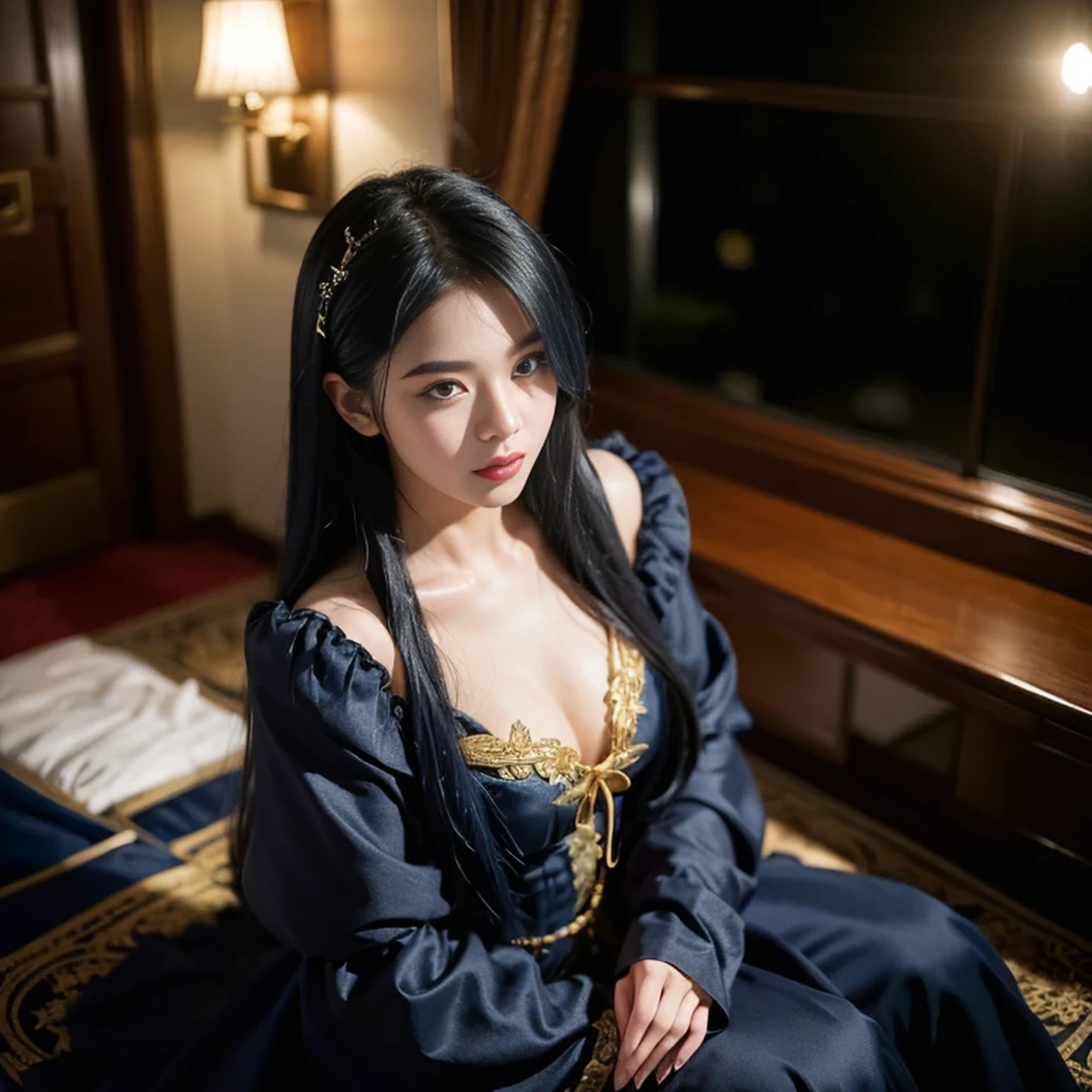 (masterpiece:1.4), (best quality:1.4), extremely detailed, intricate, hyper detailed, illustration,soft lighting, scenic, 1girl, disgust, Navy blue hair, colorful, colorized, from_above ,vampire_costume , runway