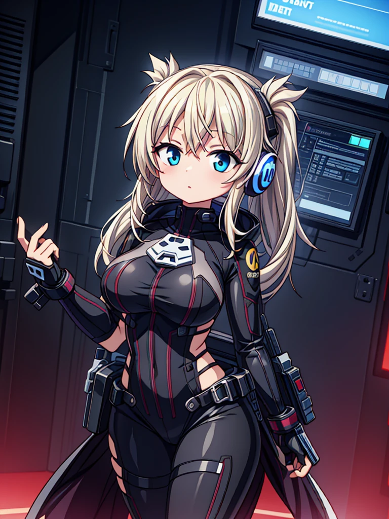 Excellent,work of art,centred, high resolution,highest quallity,hiper HD,very detailled,awardwinning,16K,standing alone,(trunk),anatomical correct,Cute cyberpunk girl,upper body photos、cute face,,blond、long hair、twin tails、braid, thin line,((scarlet eyes)),long eyelashes,drooping eyelids,Caucasian skin,((shoot head on:1.5)), ((skintight:1.5)), Top of the clock、rocket ship , (breasts big),