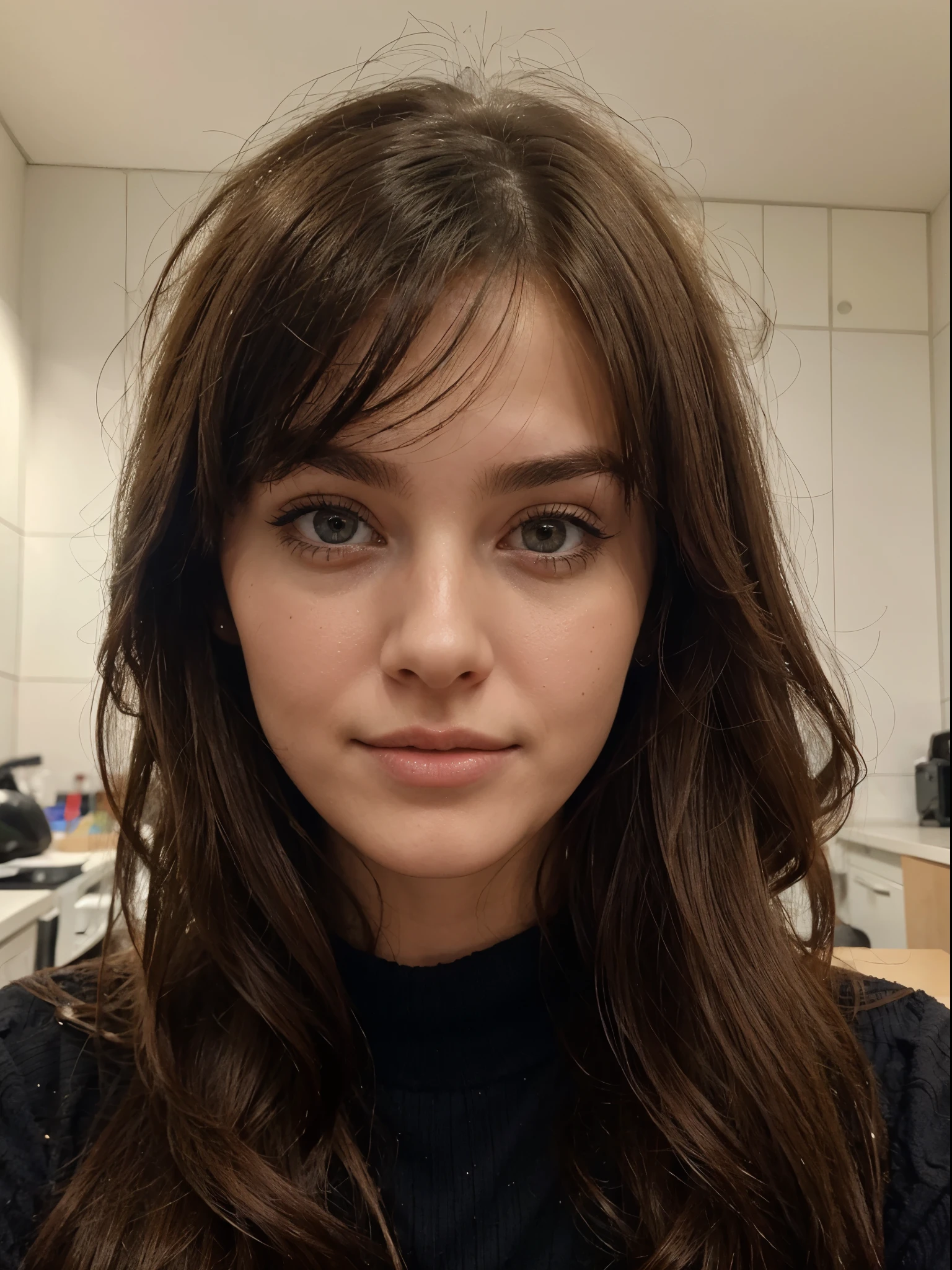 A 25-year-old woman, her brunette hair, her charming look, she is in different positions, photo taken on an iphone in the best possible quality