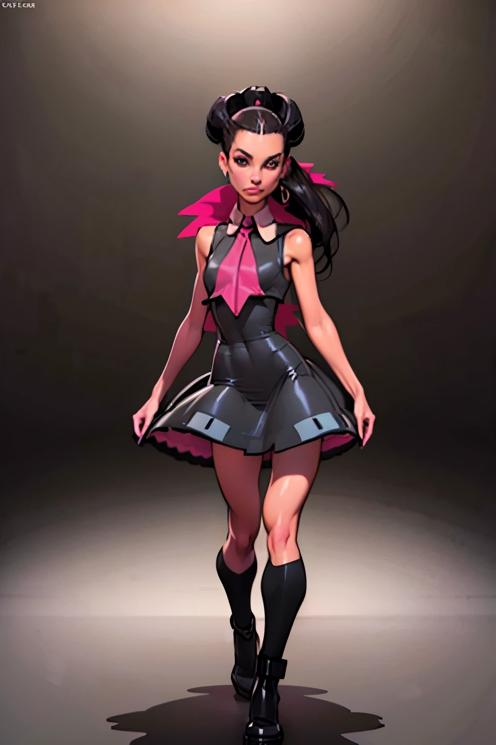 Generate an illustration of a mature Roxanne, gym leader of pokemon , (gray dress), hd, holding a pokeball  all,  de terno preto, pink ascot,(( long black hair)), twin ponytail, shiny hair, (small breasts:1.2), outfit in anime format with a serious style, boots, make up, masterpiece, dark lighting, black background, puffy lips,(slendered abs), beautiful face,