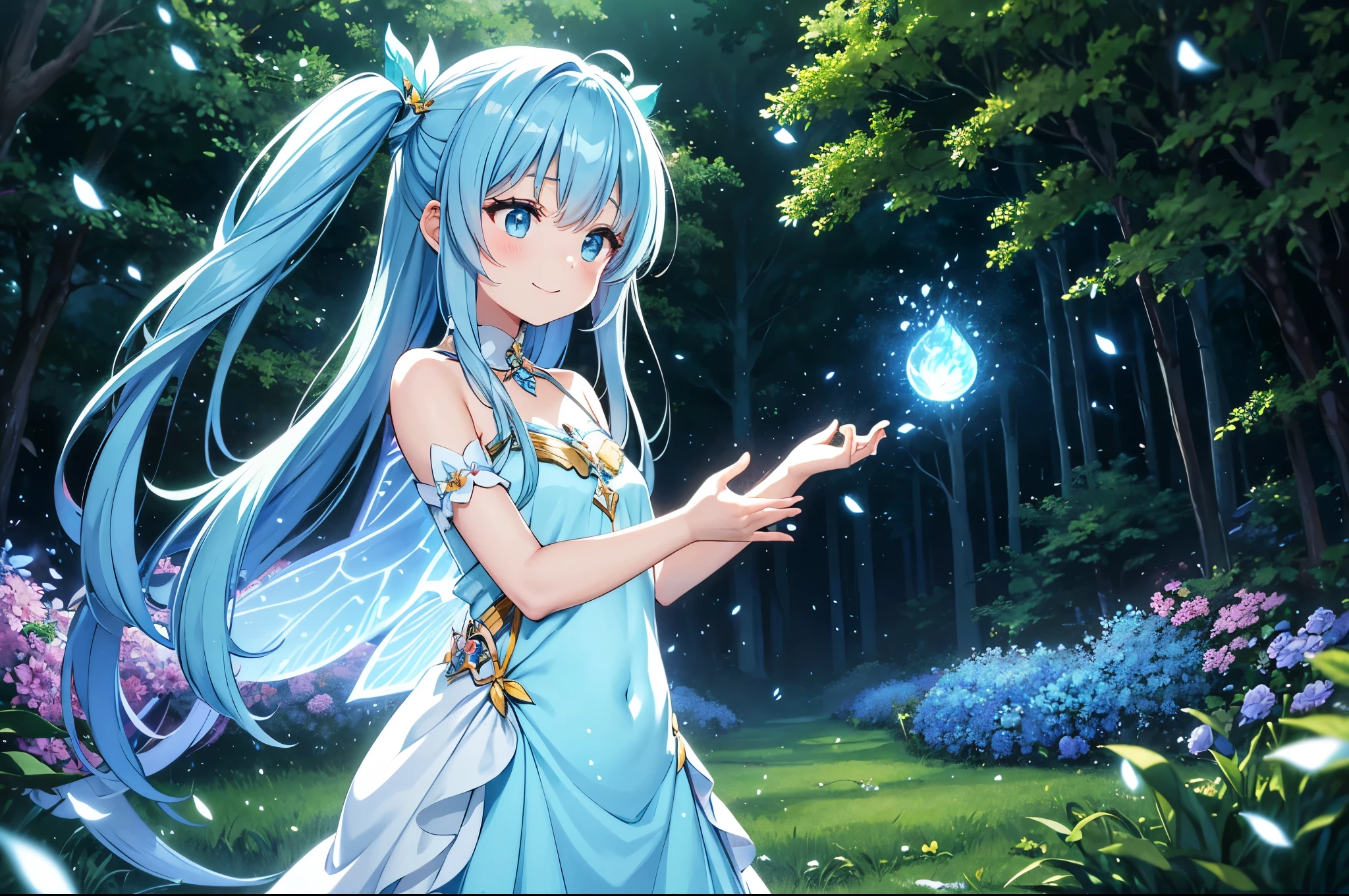 Dynamic Angle、 within a magical forest, a mystical fairy girl emerges, Light blue long hair、Hairstyle is Twintails、Adorable smile, the glow of the moonlight, flower bloom、The tree々While flapping its wings in the sparkling fireflies, the air resonates with the ethereal symphony of nature's whispers, Creating a field where dreams and reality intersect,Fairy World、Fantasy World