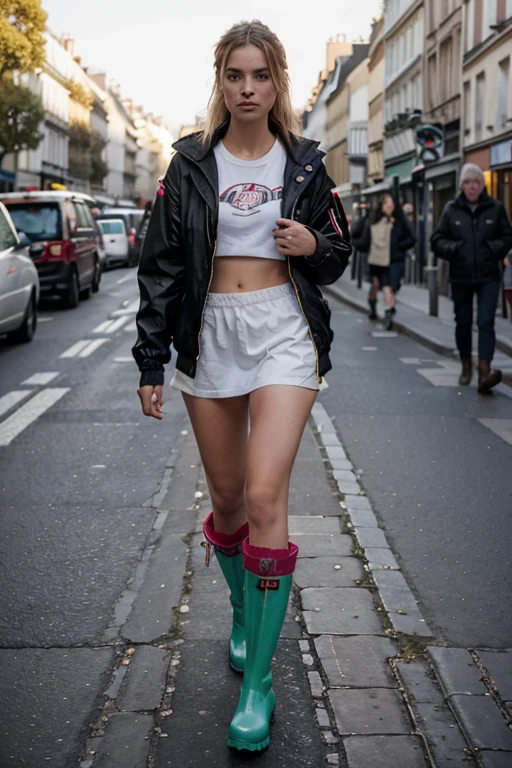 Junge Frau, young woman, in bunter Jacke und Stiefeln und nackte Beine, wears rubber boots, walking down a street, schlanke Beine, stilvolle Gottheit, Mode, In Paris, Von Derek Zabrocki, Londoner Modewoche, von Joe Bowler, Mode-Ikone, inspiriert von Karl Buesgen