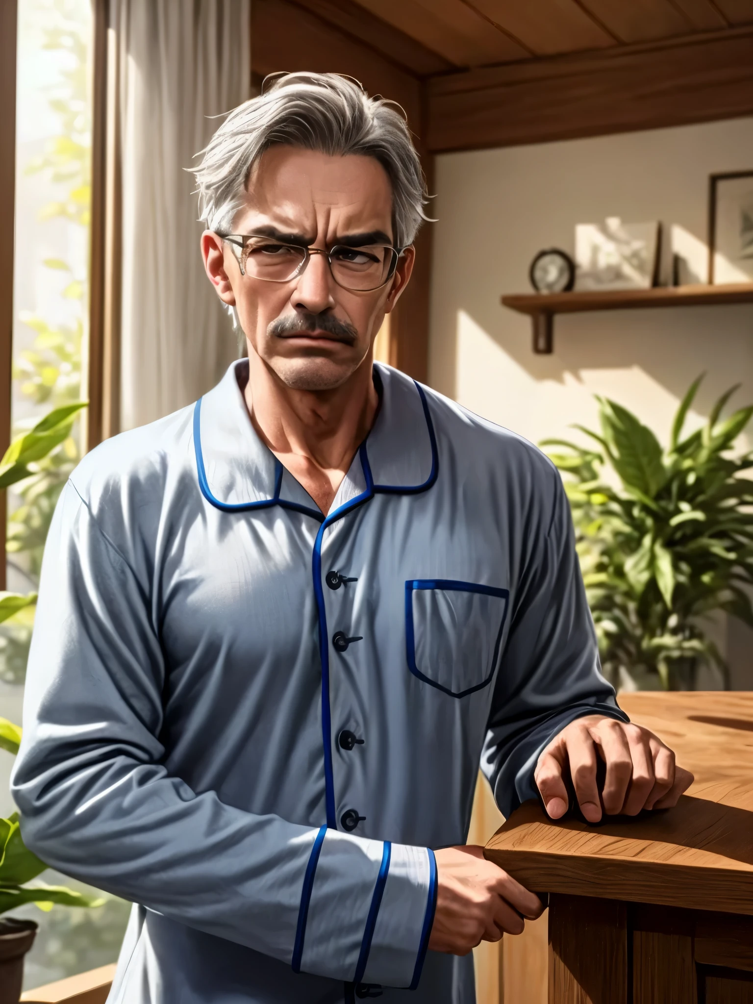 ((masterpiece)), ((best quality)), (ultra-detailed), (8k), mature man, 60 years old, skinny body, (grey short hair), (tiny grey moustache), (glasses), big nose, ((blue male pajama with long sleeves)), serious face, (frown), living room, wood furniture, (plants from outside), detailed background, upper body