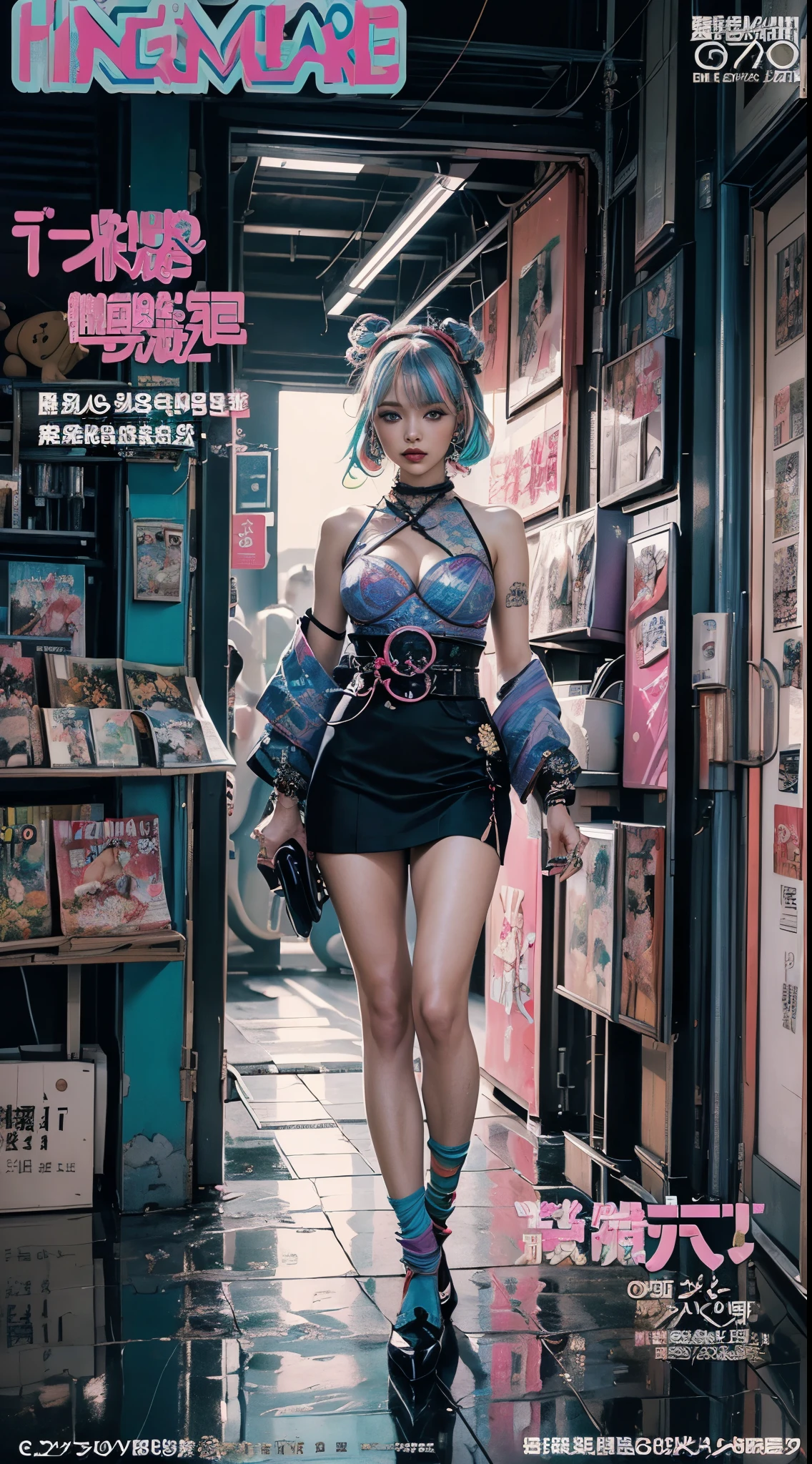 Flowing_contour biomechanical__cybernetic_airbrush___Strange__(((Japanese Harajuku style Fashion_(((colorful Magazine_cover)))__art_decor_Border)))__porcelain_and_Platinum / Futuristic Cyberpunk woman with porcelain skin, cybernetic implants.