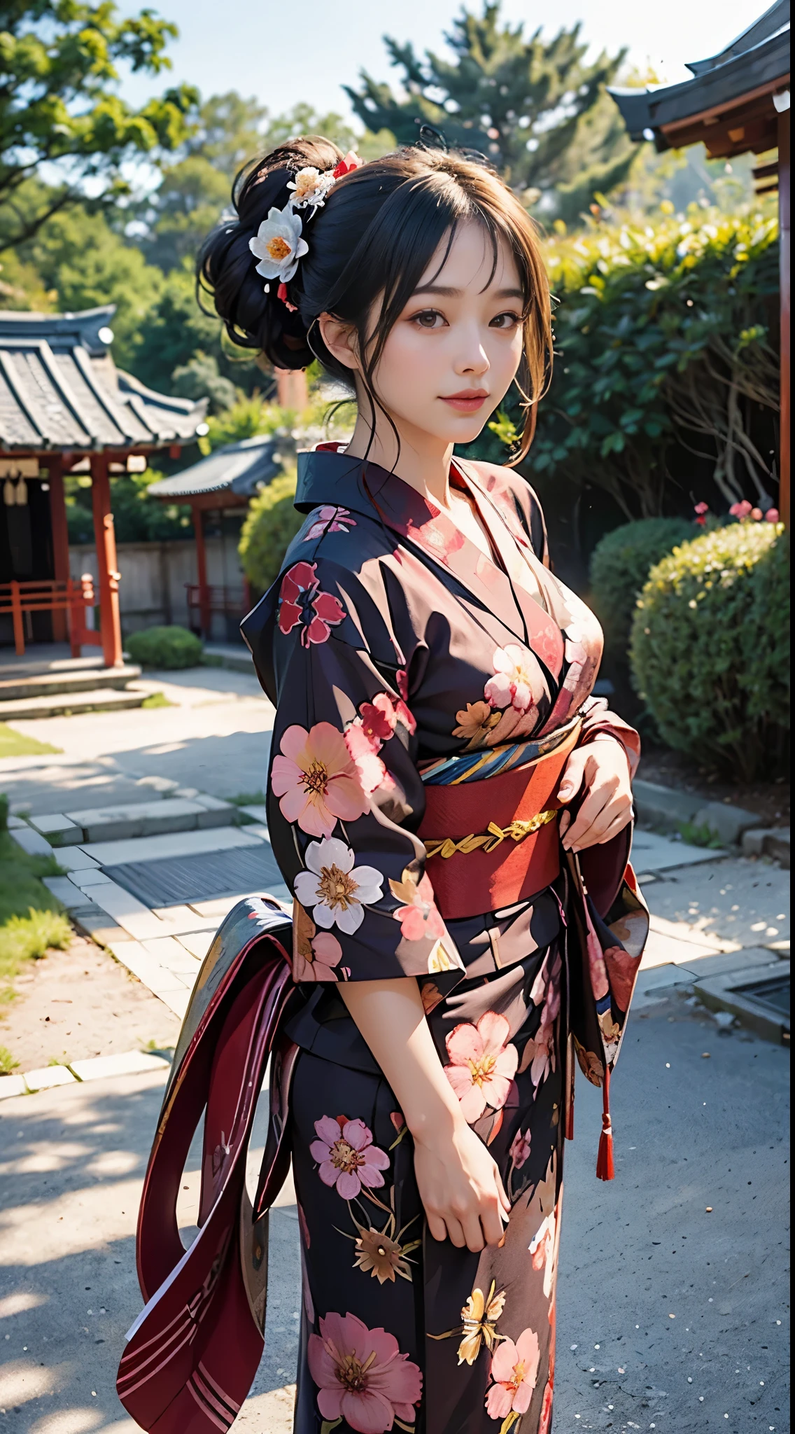 ((top-quality)), ((masterpiece)), (detaileds:1.4)、in 8K、best qualtiy,full body sface focus,(goodbye waving),Soft light, smile,peal skin,wetted skin(depth of fields),超A high resolution,RAW Photos,Geta,Foot bag,japanese kimono(yukata Flower) pony tail dark brown hair Hairpin holding Fan background Torii Shrine