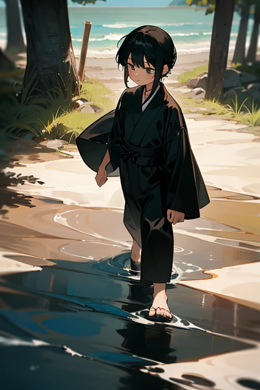 (1 girl), (1 boy), (hetero), 8  girl, 12 year ack hair, (girl in summer dress), boy in black kimono, holding hands,