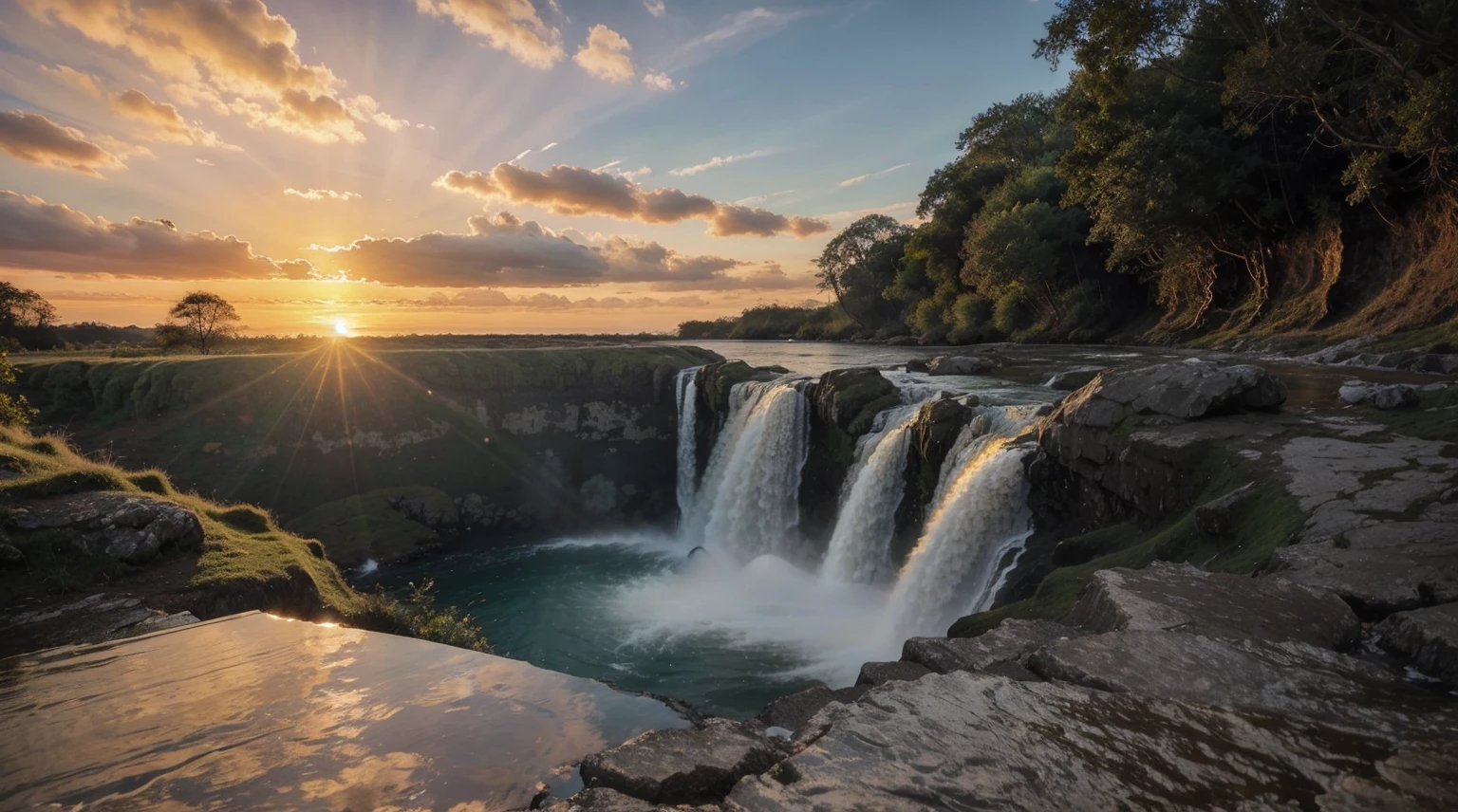 a real photograph of a beautiful sunrise at the edge of a waterfall.