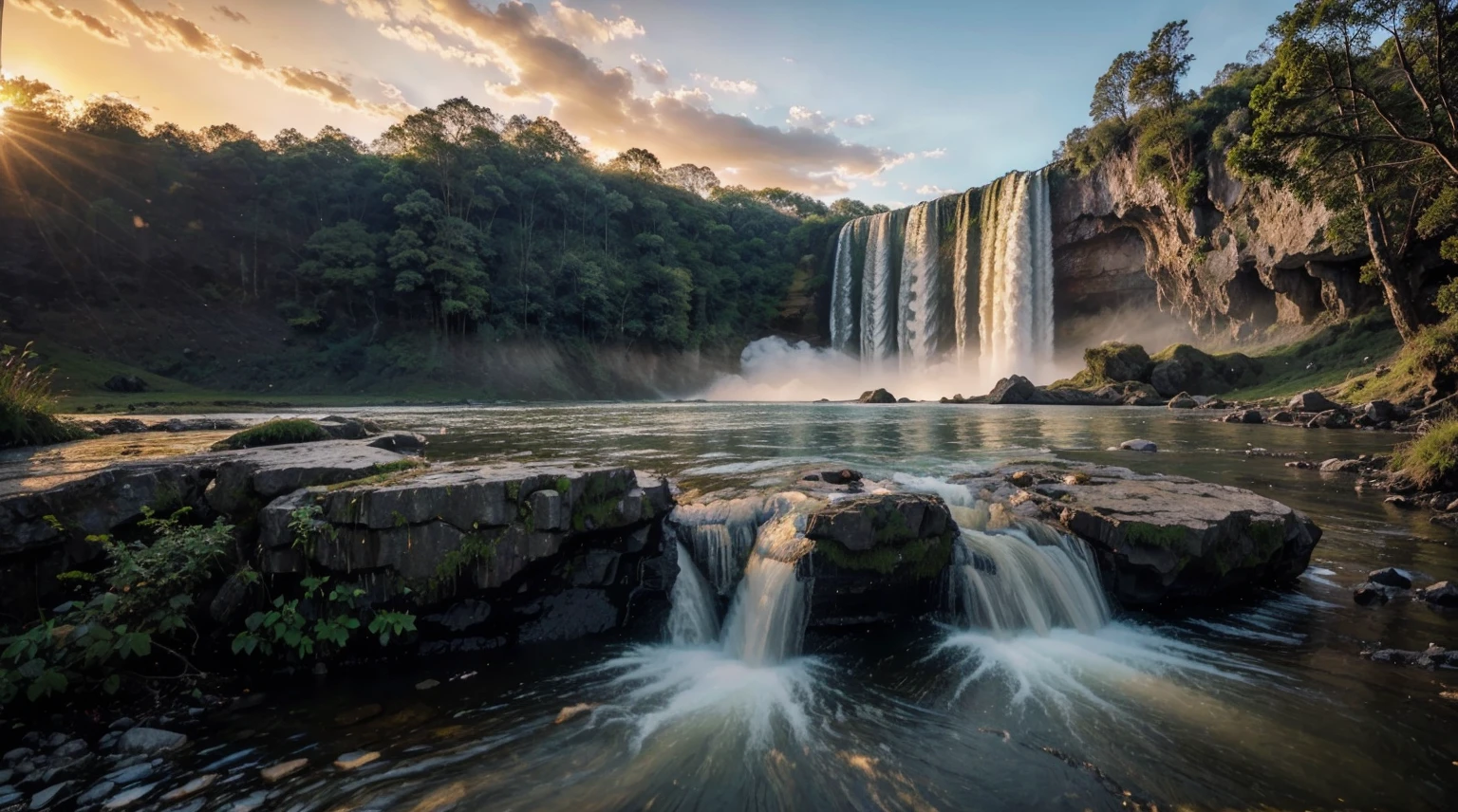 a real photograph of a beautiful sunrise at the edge of a waterfall.