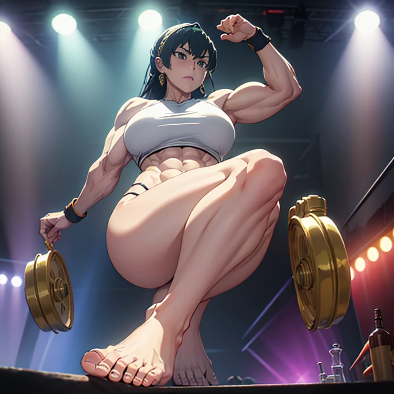 , High quality full body picture of yor as a bodybuilder without a bra , tanga, ohne Schuhe, feet, bare feet, massive muscular body, huge muscular shoulders, Massive big biceps, Venen im Bizeps, Muskelbeine, massive muscular abs, bizeps flex. posierend, Sie schwitzt, very muscular, The toned body shines in the spotlight, she is standing on a stage, much muscular sexy