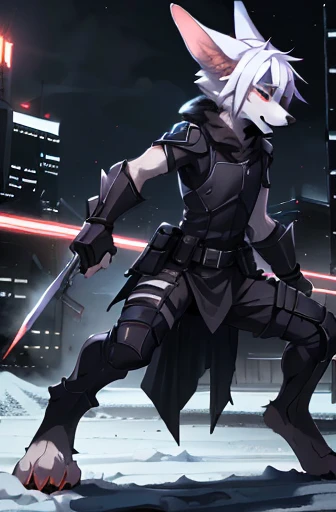 Boy, small, ((twink)), fluffy white fur, jackal, ((androgynous)), anthro, slender, swat gear, police, night, snowy city, red glow, battle dress, bladed gauntlet, digitigrade legs