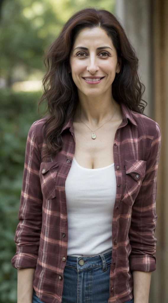 a woman that is smiling and holding a cell phone, this person does not exist, 30 years old, mixed race, jewish, cuban, girl next door innocent look, with very thin lips, hourglass figure, medium length brown hair, dressed casually, wearing a sensible clothing, wearing a red flannel shirt with jeans and uggs, lisa edelstein-katrina kaif-molly shannon-harriet cains-madeline zima-nadya suleman-nadezhda tolokonnikova-rakul preet singh-christine lahti-vera farmiga-claire foy-dina manzo merged, entire body visible, full body, hyperrealistic, real human skin, best quality, 8K, masterpiece, extremely intricate, detailed eyes, detailed face, detailed body, exaggerated features, pronounced features, fujifilm