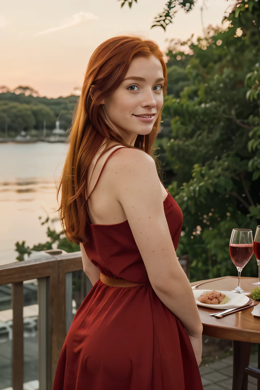 full body picture of woman with long red hair, hands behind her back, arms behind her back, crossing her arms behind her back , away from the camera, looking at the distance, looking a far, looking away, a waterfront restaurant, outside, next to the water, dinner, meal, dinner setting, with wine, drink, having fun, smiling, maroon dress, evening setting, evening lighting , ginger hair with freckles, red hair and freckles, hint of freckles, very light freckles, woman with freckles, light cute freckles, elegant freckles, with freckles, light freckles, freckles, thin lustrous auburn hair, red hair and attractive features, cute freckles, ellie bamber, soft freckles, soft blue eyes.