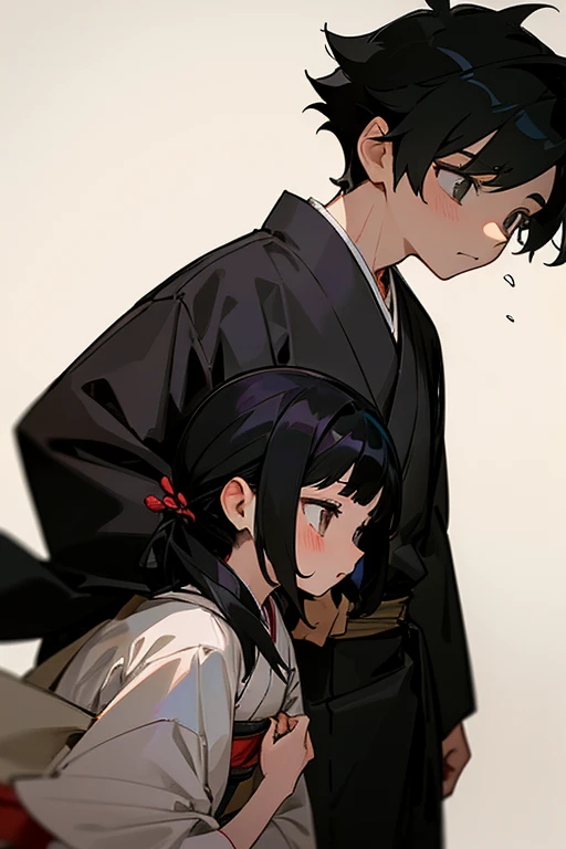(1 girl), (1 boy), (hetero), 8 year old girl, 12 year old boy, black hair, kimono