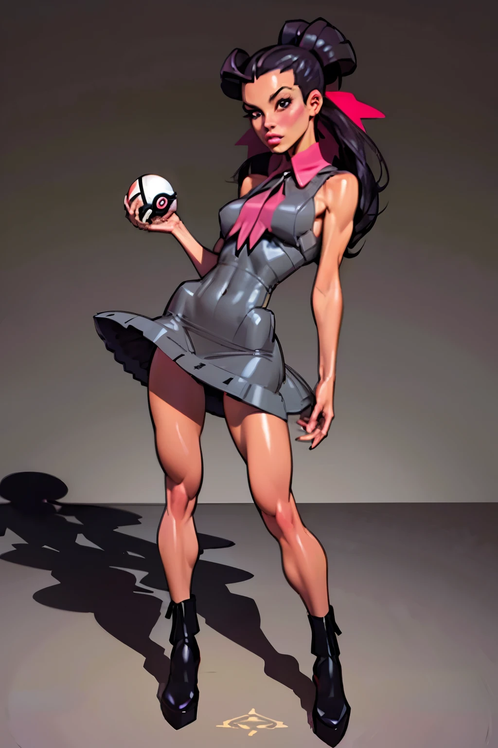 Masterpiece, Generate an illustration of a mature Roxanne, gym leader of pokemon , (lightgray dress), hd, holding a pokeball  all,  de terno preto, pink ascot,(( long black hair)), twin ponytail, shiny hair, (small breasts:1.2), outfit in anime format with a serious style, boots, make up, masterpiece, dark lighting, black background, ((puffy lips)),(slendered abs), beautiful face,