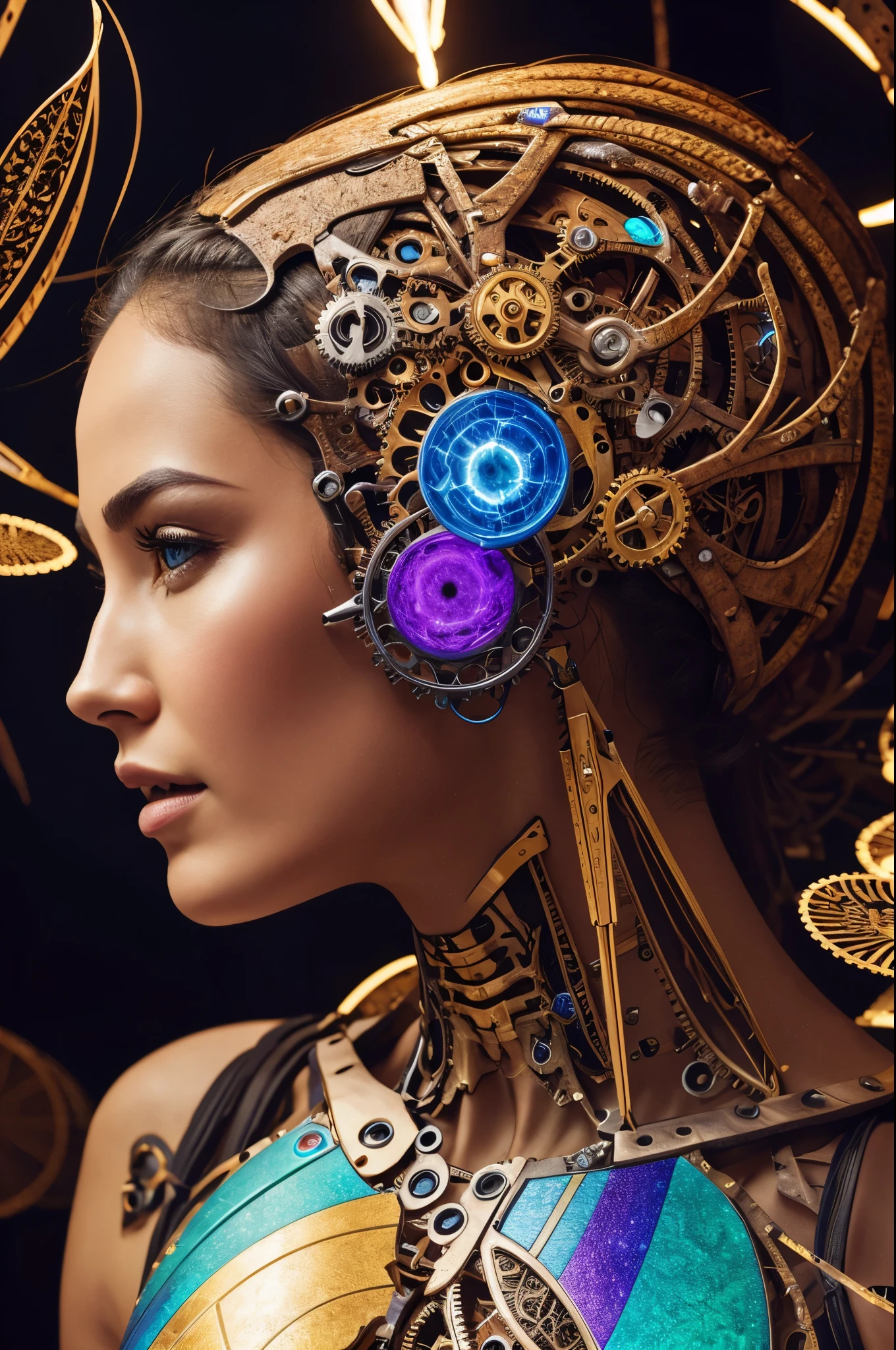 Human anatomy, beautiful girl, fragmented body parts, fractal fragmentation of body, segmentation fractal skin breaking off face, cgi surreal masterpiece, vibrant colors, rim lighting, mechanical clockwork interior, biosphere decomposition, high detail,cosmic filaments under skin, 16k, Astral concept art, sharp lines