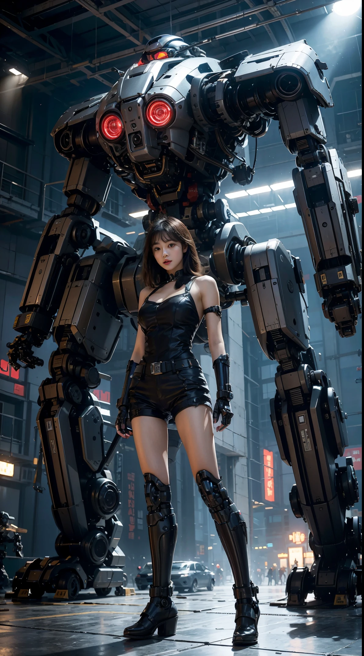 ((tmasterpiece,best qualtiy)),Large mechanical robot structure,1girl stands in front of the audience