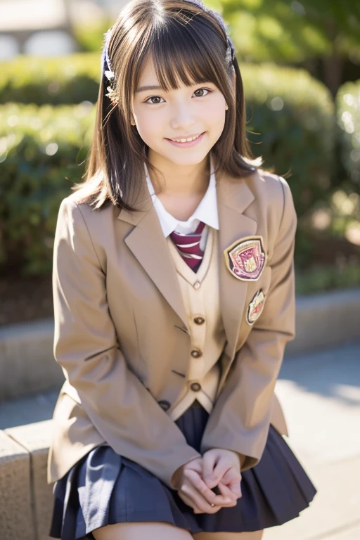 (((​masterpiece))),  1girl in, holding panties, Hands, Striped panties,(One beautiful Japan girl, classmates, landscape and innocence，kawaii) ，超A high resolution, Realistic, ultra-detailliert, 8K,top-quality, Extremely detailed, Detailed background,A slender,very beautiful japanese girl, Detailed face:1.3), (Boyish short-haired，A dark-haired :1.4), (a baby face，kawaii系,adorable 14 year old girl), (Perfect body:1.1),  (Brown blazer, Light brown pleated mini skirt), Provocative smile,Please show me your beautiful teeth,rosy cheeks，Super Detailed Face、Detailed lips、A detailed eye、small gravure idol，Transparent skin、Lori，Japanese high school uniform with the school emblem on the chest，