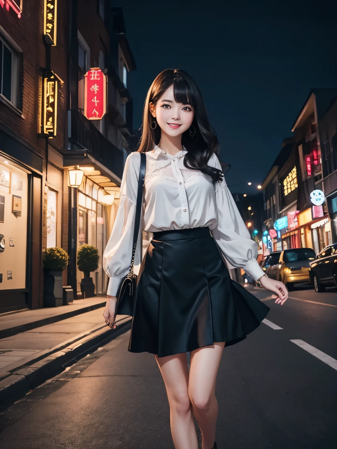 high-definition picture、Top image quality。Full body of young woman、 Cute、A dark-haired、A smile、Night time、After work、Way back、sabrina bag、skirt by the、pumps、engagement ring、a chance reunion、Old lover、nostalgic time、Calm。