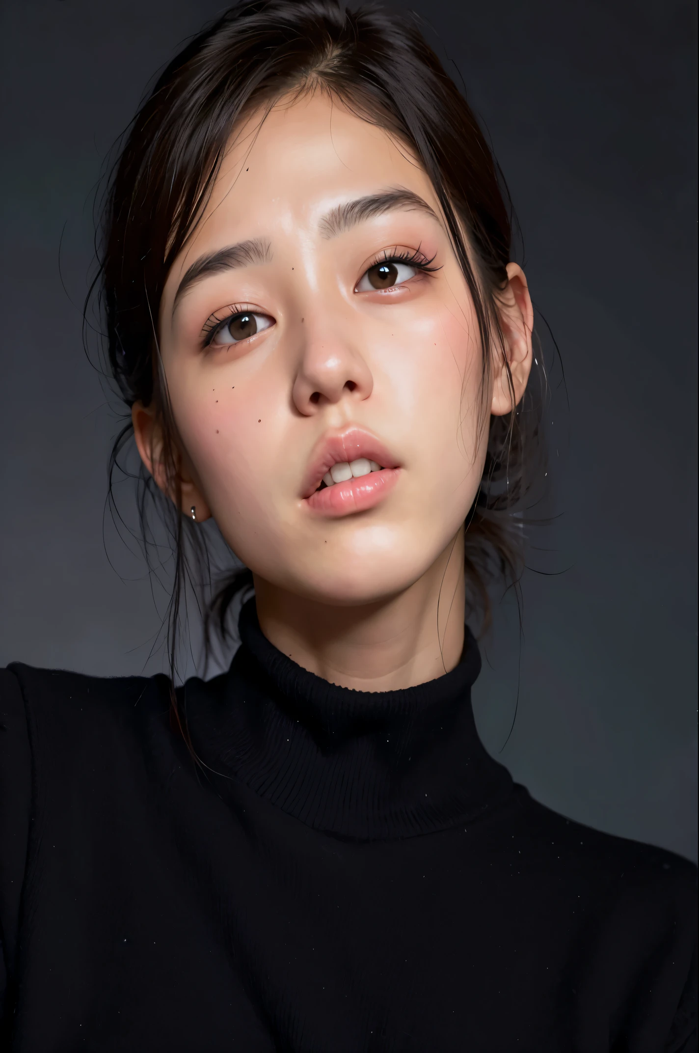 a woman in a black turtleneck sweater and a black sweater, maquiagem coreana popular, maquiagem sul-coreana popular, young adorable korean face, linda mulher coreana jovem, mulher coreana jovem bonita, Mulher sul-coreana bonita, young cute wan asian face, korean face features, coreana, wan adorable korean face, south east asian with round face, Modelo de moda feminina coreana
