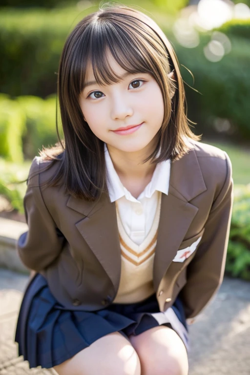 (((masterpiece))), (Two beautiful 14 year old Japanese schoolgirls squatting, classmates, Innocence,kawaii) ,超A high resolution, Realistic, ultra-detailliert, 8K,top-quality, Extremely detailed, Detailed background,A slender,very beautiful japanese girl, Detailed face:1.3), (Boyish short-haired,A dark-haired :1.4), (a baby face,kawaii系,adorable 14 year old girl), (Perfect body:1.1), (Brown blazer, Light brown pleated mini skirt), Provocative smile,Please show me your beautiful teeth,Super Detailed Face、Detailed lips、A detailed eye、small gravure idol,Transparent skin、Lori,Japanese high school uniform with the school emblem on the chest,sexy pose,You can see her pink panties