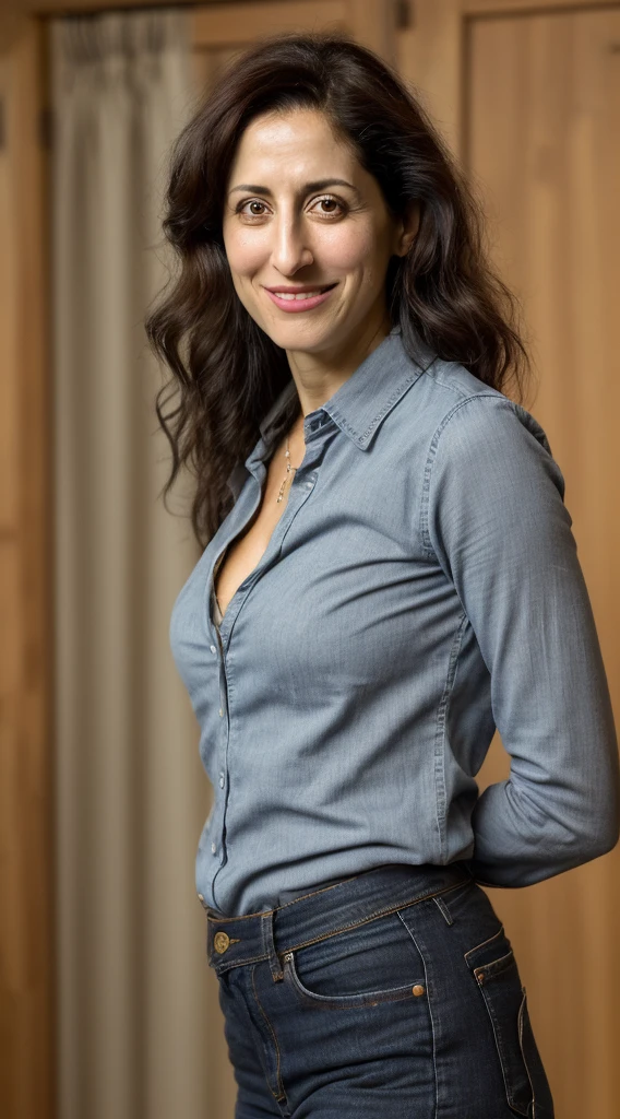 a woman that is smiling and holding a cell phone, this person does not exist, 30 years old, mixed race, jewish, cuban, girl next door innocent look, with very thin lips, hourglass figure, medium length brown hair, dressed casually, wearing a sensible clothing, wearing a red flannel shirt with jeans and uggs, lisa edelstein-katrina kaif-molly shannon-harriet cains-madeline zima-nadya suleman-nadezhda tolokonnikova-rakul preet singh-christine lahti-vera farmiga-claire foy-dina manzo merged, entire body visible, full body, hyperrealistic, real human skin, best quality, 8K, masterpiece, extremely intricate, detailed eyes, detailed face, detailed body, exaggerated features, pronounced features, fujifilm