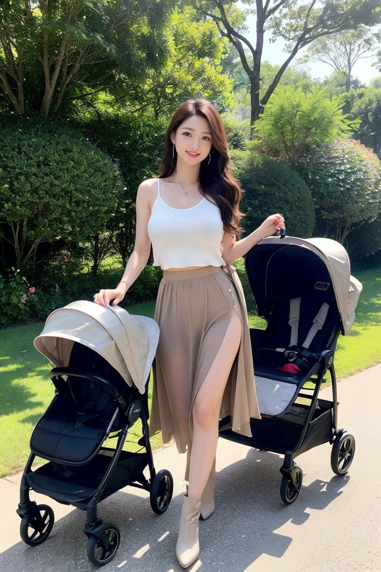 ((Top image quality、8k、masterpiece:1.3))、FULL BODYSHOT、1 photo、Focus sharpness:1.2、Beauty with outstanding style:1.4、Slender abs:1.2、((Brown hair、huge tit:1.2))、sleeveless body strap shirt:1.1、(a park:1.1)、Highly detailed facial and skin texture、A detailed eye、二重まぶた、Tight clothes、skiny body、Sheer clothes、Pin Heel Boots、ssmile、tight side slit long skirt、she is pushing a stroller