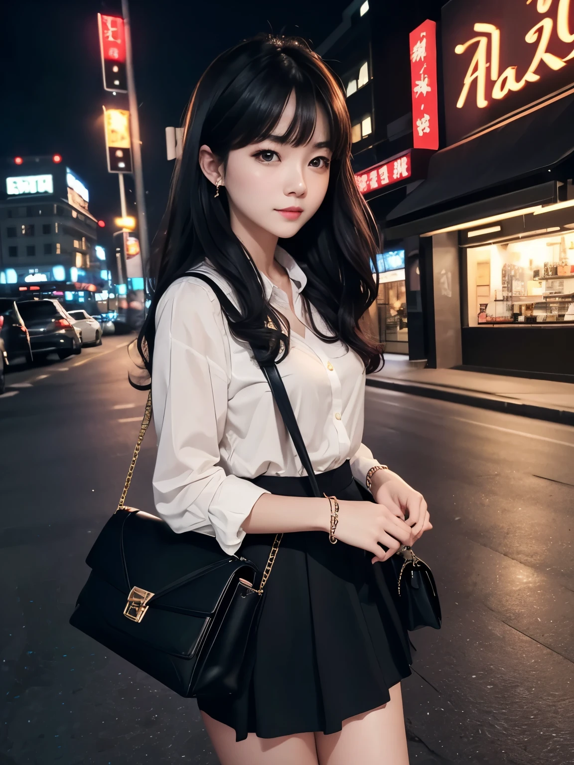 high-definition picture、Top image quality。Full body of young woman、 Cute、A dark-haired、Night time、After work、Way back、sabrina bag、skirt by the、pumps、engagement ring、a chance reunion、Old lover、nostalgic time、Calm。