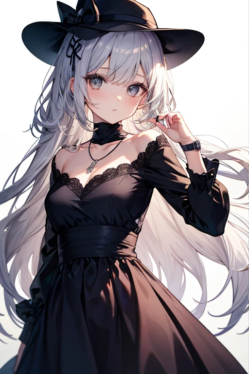 30 years old lady, wearing a black unwoven mask, light brown long straight hair, wearing a black small boater hat and black dress, dark brown eyes, silver necklace, a little big eyes, a wristwatch on her right hand list,