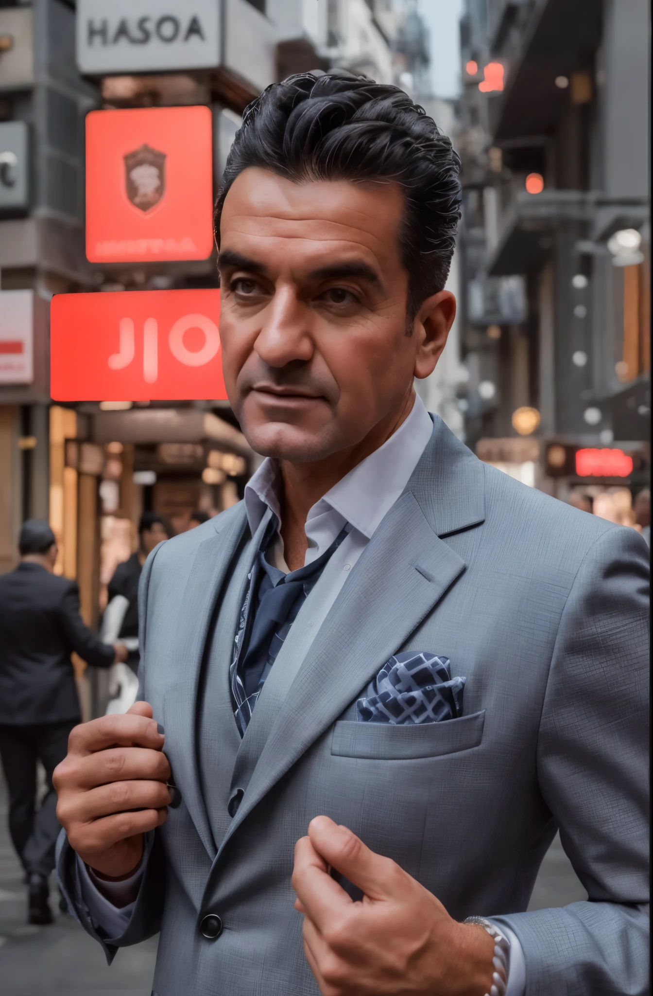 La mejor calidad,high resolusion,Obra maestra:1.2,hombre distinguido elegante con traje,traje fino a medida,chaqueta ajustada,camisa de vestir fresca,Corbata elegante,zapatos de cuero pulido,afilado y bien cuidado,Hombre de mediana edad,Confident and charismatic,sonrisa sutil,Detailed facial features,ojos expresivos,well defined jawline,cabello plateado cuidadosamente peinado,con un toque de gris,empresario profesional,caminando con confianza en una ciudad bulliciosa,postura recta y paso decidido,exitoso e influyente,carrying a leather briefcase,modern metropolitan backdrop with tall buildings and busy streets,vivid city lights illuminating the scene,Feeling of sophistication and elegance.,color palette focused on cool tones and shades of blue,Soft and flattering lighting,resaltando los rasgos del hombre con sombras suaves,Creating a sense of depth and dimension to the image.,Masterful brushstrokes that capture every detail of the man's attire and expression.,Photorealistic rendering that improves realism and realistic image quality..