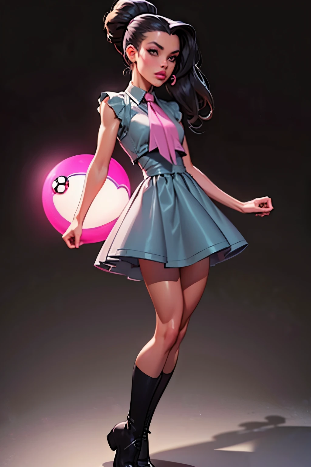 Masterpiece, Generate an illustration of a mature Roxanne, gym leader of pokemon , (lightgray dress), hd, holding a pokeball  all,  de terno preto, pink ascot,(( long black hair)), twin ponytail, shiny hair, (small breasts:1.2), outfit in anime format with a serious style, boots, make up, masterpiece, dark lighting, black background, ((puffy lips)),(slendered abs), beautiful face,