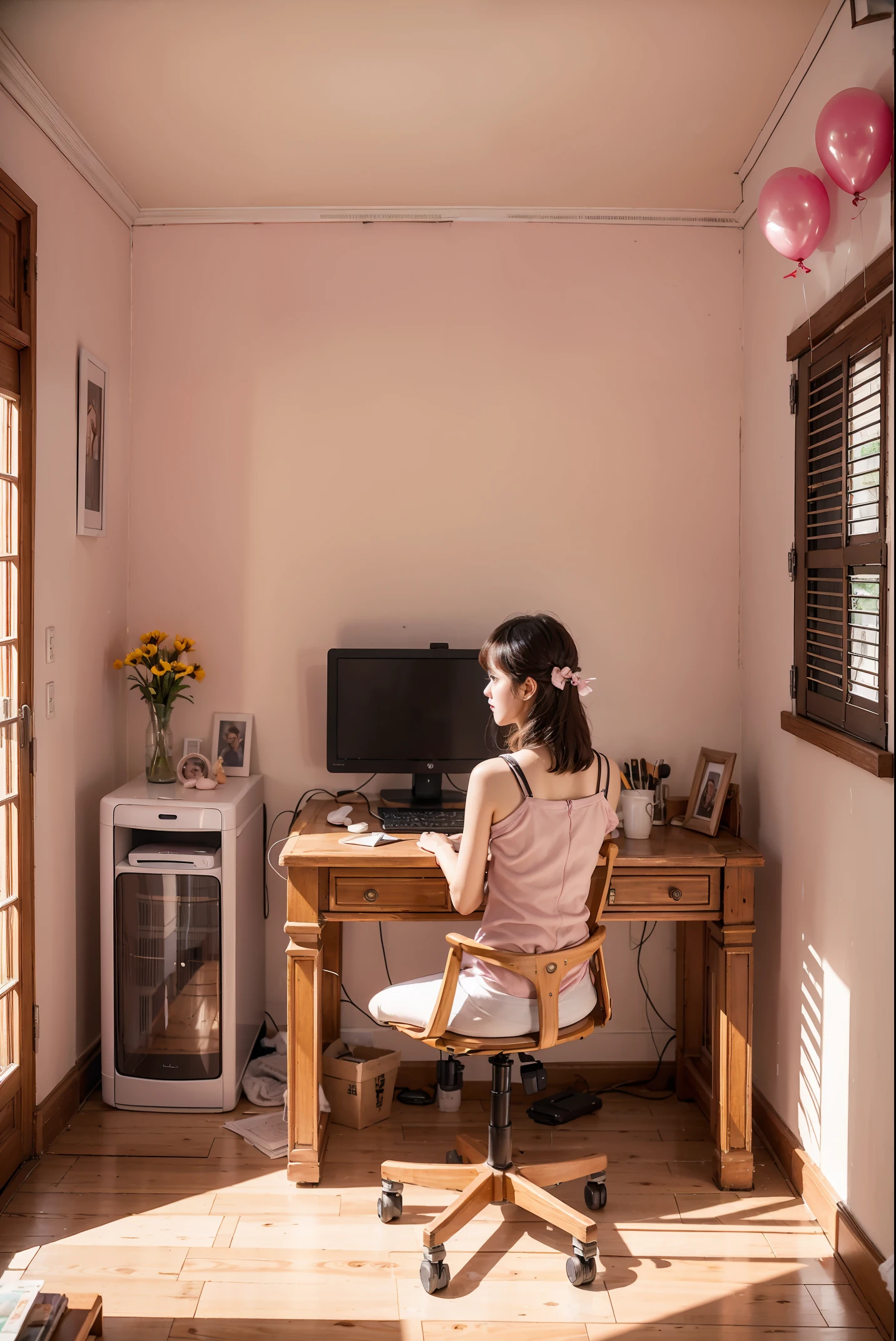 （（tmasterpiece，best qualtiy）），lower middle class house, simple room with time-worn wooden cupboard, study table, paper writing and photos stuck on the wall, make-up mirror, air conditioner, pink letter-shaped balloons on the wall "stratosphere" imac computer
