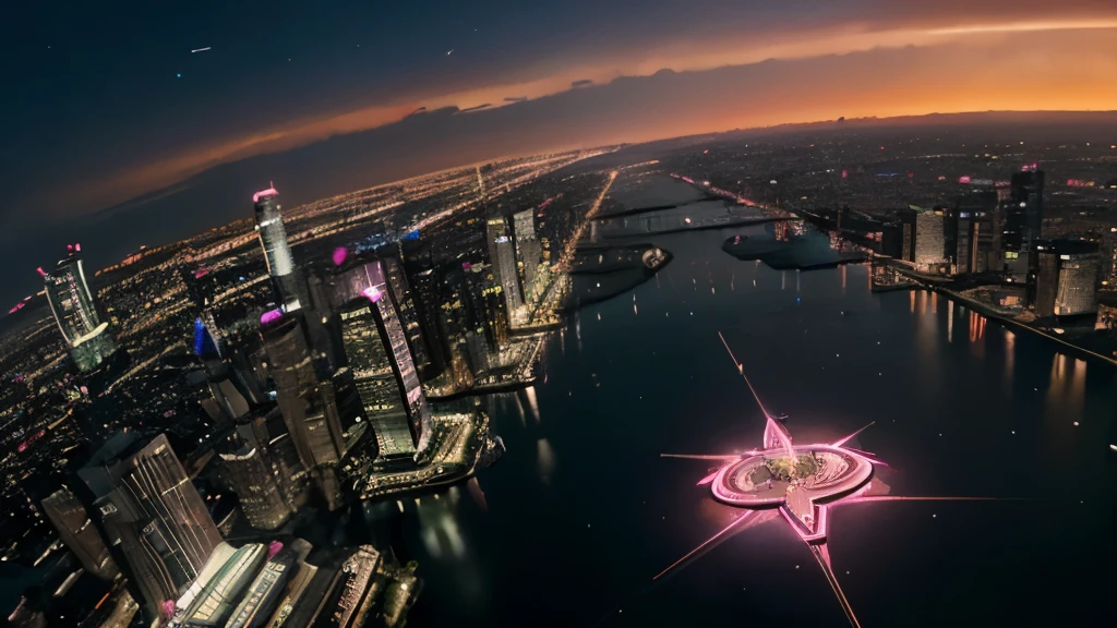 (Aerial,Futuristic,fuchsia cyberpunk,panoramic vista) Cityscape,Skyscrapers,Towering Buildings,surrounded by a beautiful lake,illuminated by the night sky. central building, It looks like a flower has bloomed, hali々stand in the center with. (blazing:1.1) Neon lights and holographic advertisements fill the city,Cycling vibrant fuchsia hues.