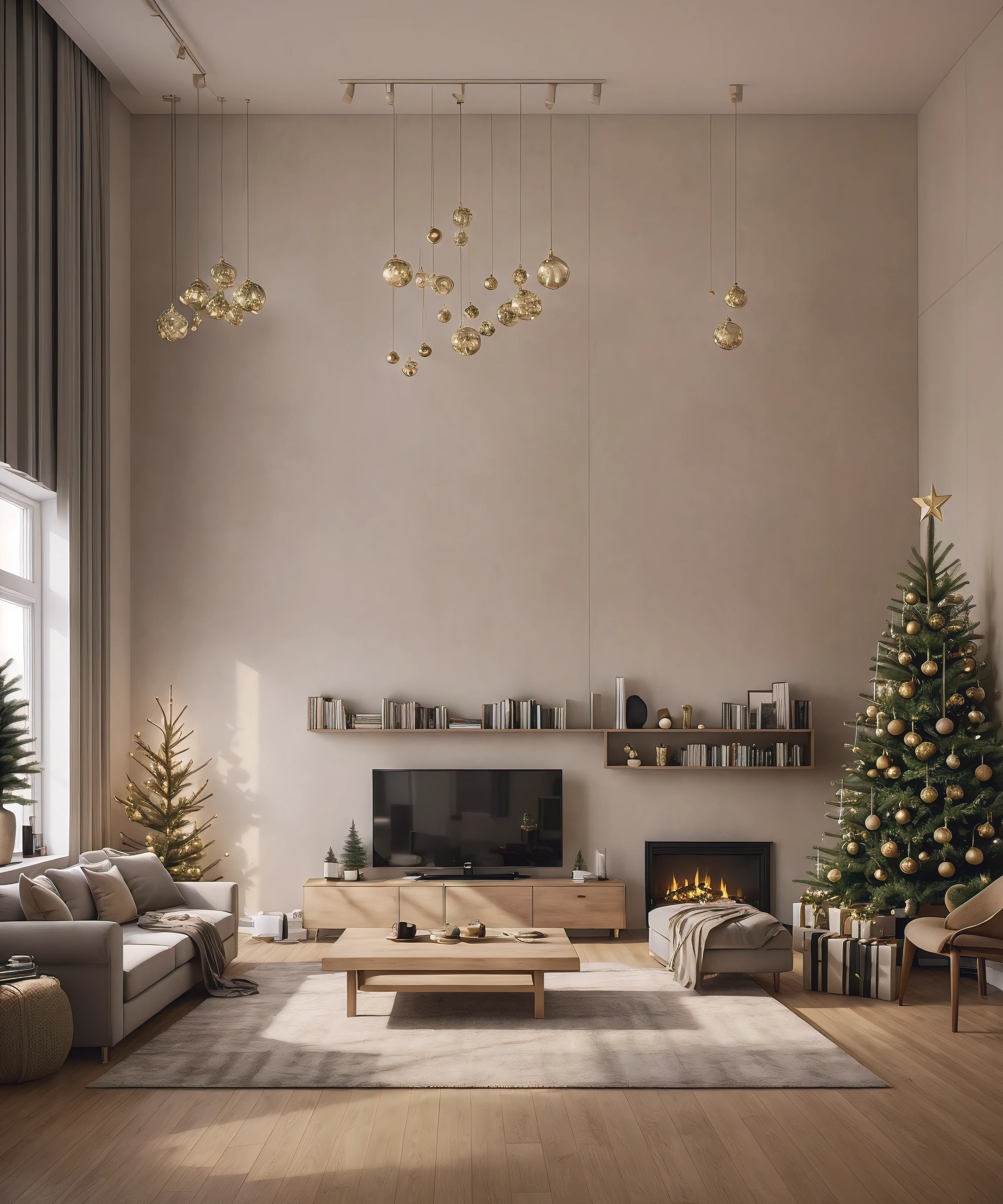 (Masterpiece in maximum 16K resolution), the best quality, (very detailed CG unity 16k wallpaper quality),Super Detailed. | Stunning reflections, the best reflections ever, (glow), (particle effects), Isometric 3D, Octane Rendering, Ray Traced,(best illustration). | Loft Style Living Room, Christmas Decorative style gorgeous, Christmas Tree, Christmas Gifts, Minimalist Decorative style, Christmas Mistletoes, Giant UHD TV, IKEA furnitures,Award winning design, concept house, architectural concepts, bright modern style, dramatic rendering, tall ceilings, highly detailed interior, architectural render, minimal modern, modern living room,indoor, nighlight, shimering light, cinematic lighting,glossy wooden floor,rug,warm tones,accent lighting.