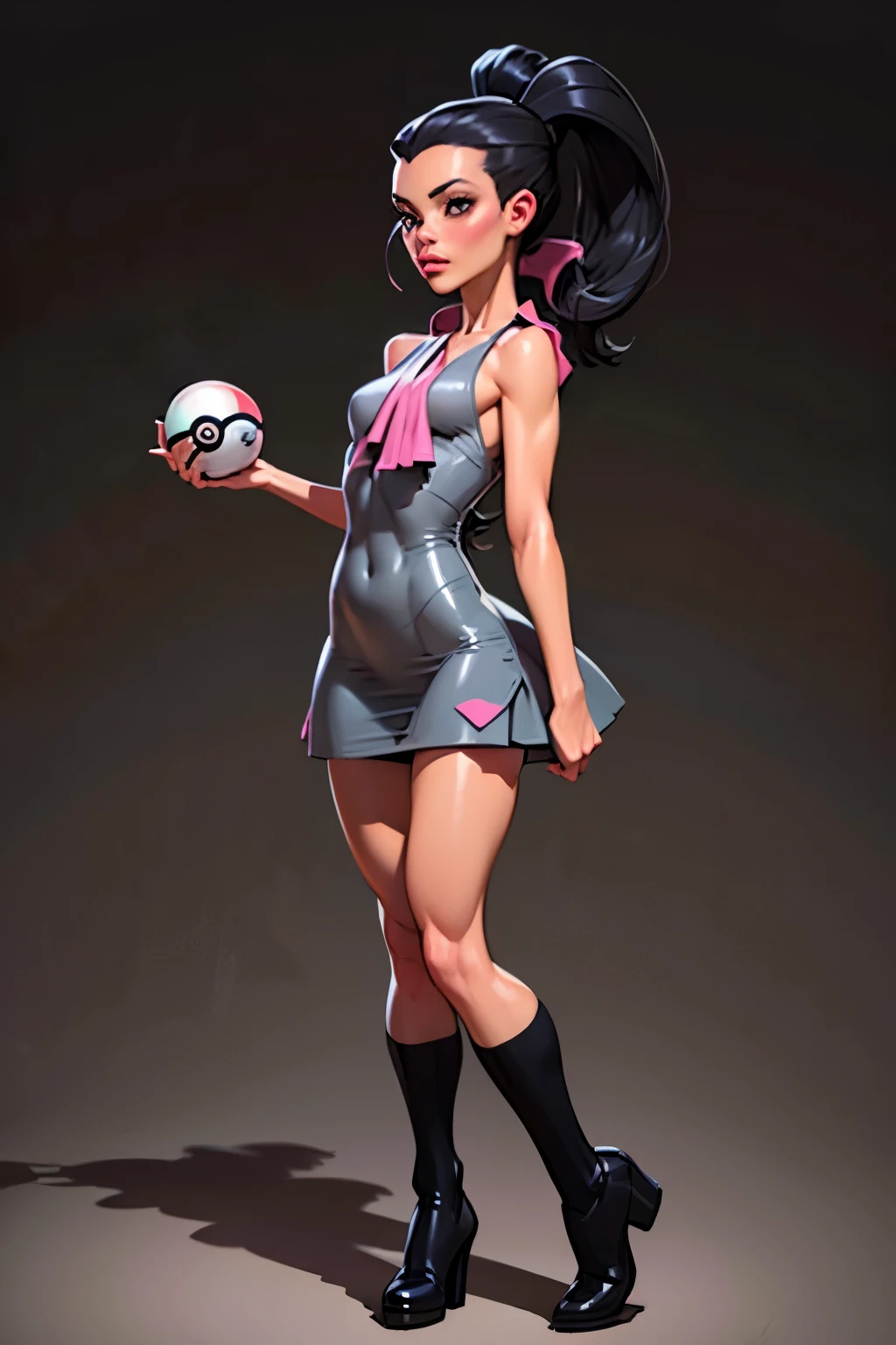 Masterpiece, Generate an illustration of a mature Roxanne, gym leader of pokemon , (lightgray dress), hd, holding a pokeball  all,  de terno preto, pink ascot,(( long black hair)), twin ponytail, shiny hair, (small breasts:1.2), outfit in anime format with a serious style, boots, make up, masterpiece, dark lighting, black background, ((puffy lips)),(slendered abs), beautiful face,