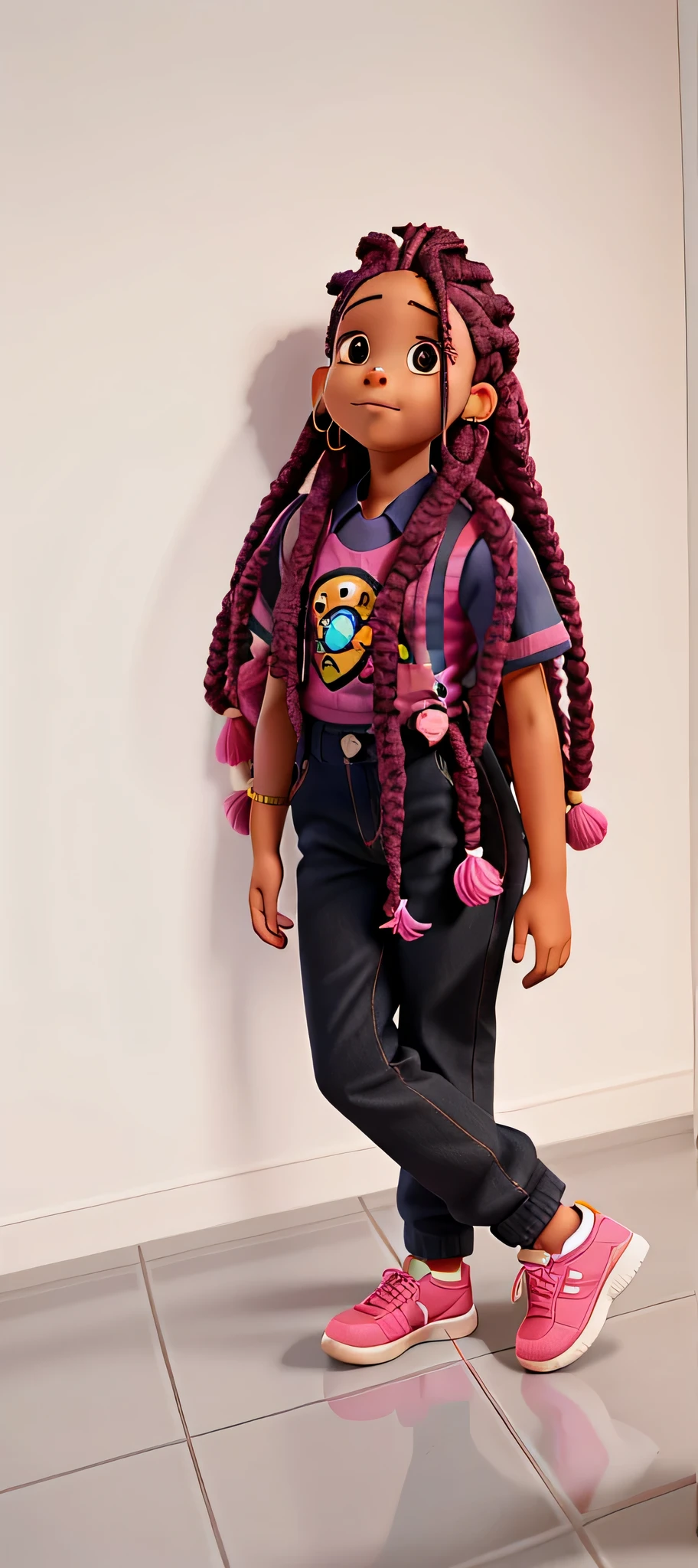 uma menina jovem, Seu cabelo esta solto, com rendas delicadas, tom branco neon, cabelo preso, roupas leves, mochila, fone de ouvido, dread's azul escuro, corpo inteiro, The background is filled with an urban tone, evoking a sense of lightness and happiness.
