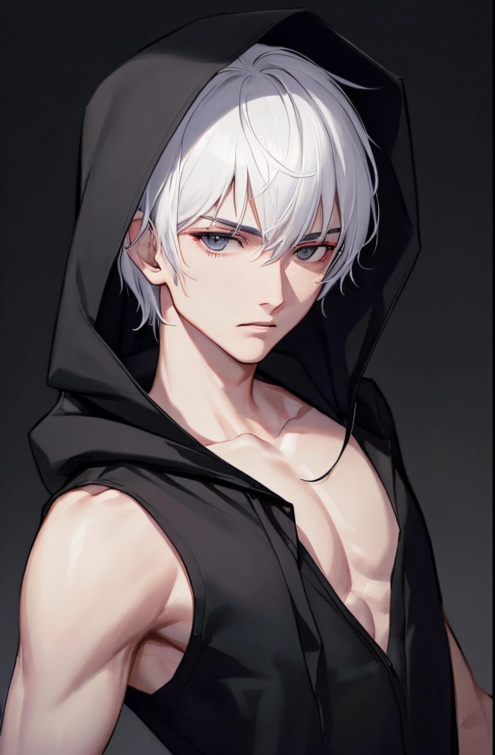 kk, best quality, more details, masterpiece, 1 boy, male focus, solo, bangs, black background, An assassin man in a black hooded suit, Holding a dagger, black eyes, short hair, white hair, Looking at viewer, Luxury, 8k, Detail, ray tracing, Depth of field, Cinematic lighting, black and white, Simple black lines, simplified.