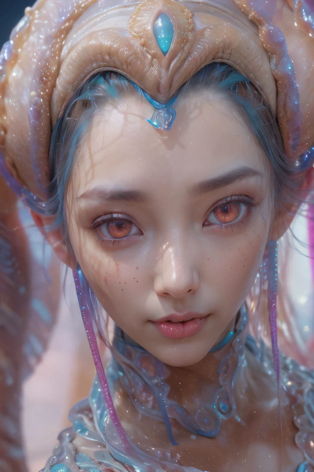 Portrait, (beautiful female alien:1.2),  (There is a female genital-like organ in the middle of the forehead:1.8), (The most beautiful face in the history of the universe:1.2), (scarlet eyes:1.6), (Translucent skin:1.8), an evil gaze that seduces, (red eyes:1.5), (licking lips with tongue:1.6), Full body like, (bio luminescent:1.2), (Smile wickedly:1.3),  (sexypose:1.5), alien, No humans, cells are fused, (Lots of translucent tentacles:1.1) (Translucent skin:1.3), extraterrestrial, cell, bio image, Best Quality, 8K,4K_quality, High Definition, Dramatic Lighting, masutepiece:1.5,cinematic quality, detail up, (Intricate details:1.2), High resolution, High Definition, drawing faithfully, (Thick eyebrows:1.2), Beautiful eyes with fine symmetry, (Ultra detailed eyes:1.2),(Highly detailed face and eyes:1.2), (High-resolution red-eye:1.4), Intimate face, (Super detailed skin quality feeling:1.4), Perfect ???????,  (Beautiful toned body:1.5),  (Moist skin:1.2), No makeup, (dark circles:1.1), long canines, cinematic drawing of characters, ultra high quality model, cinematic quality, detail up, (Intricate details:1.2), High resolution, High Definition, drawing faithfully, Official art, Unity 8K wall  , 8K Portrait, Best Quality, Very High resolution, ultra detailed artistic photography, midnight aura,  unreal engine 5, Ultra Sharp Focus, art by alberto seveso, ArtGerm, Roisch, intricate artwork, best quality, masterpiece, ultra High resolution, (photos realistic:1.4), Ultra-realistic realism, dream-like,  nautilus, Creation of fantasy, Snail, Dream Snail,  biopunk nautilus, Thrilling color schemes， Ultra-realistic realism， seductively smiling, Blue tentacles