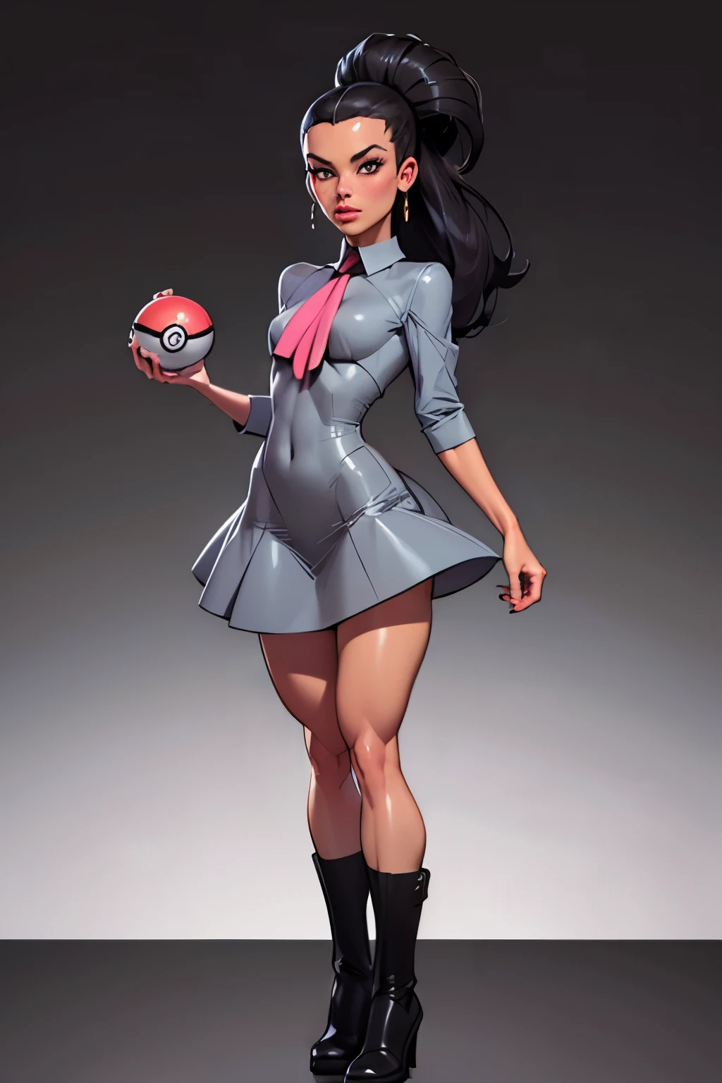 Masterpiece, Generate an illustration of a mature Roxanne, gym leader of pokemon , (lightgray dress), hd, holding a pokeball  all,  de terno preto, pink ascot,(( long black hair)), twin ponytail, shiny hair, (small breasts:1.2), outfit in anime format with a serious style, boots, make up, masterpiece, dark lighting, black background, ((puffy lips)),(slendered abs), beautiful face,