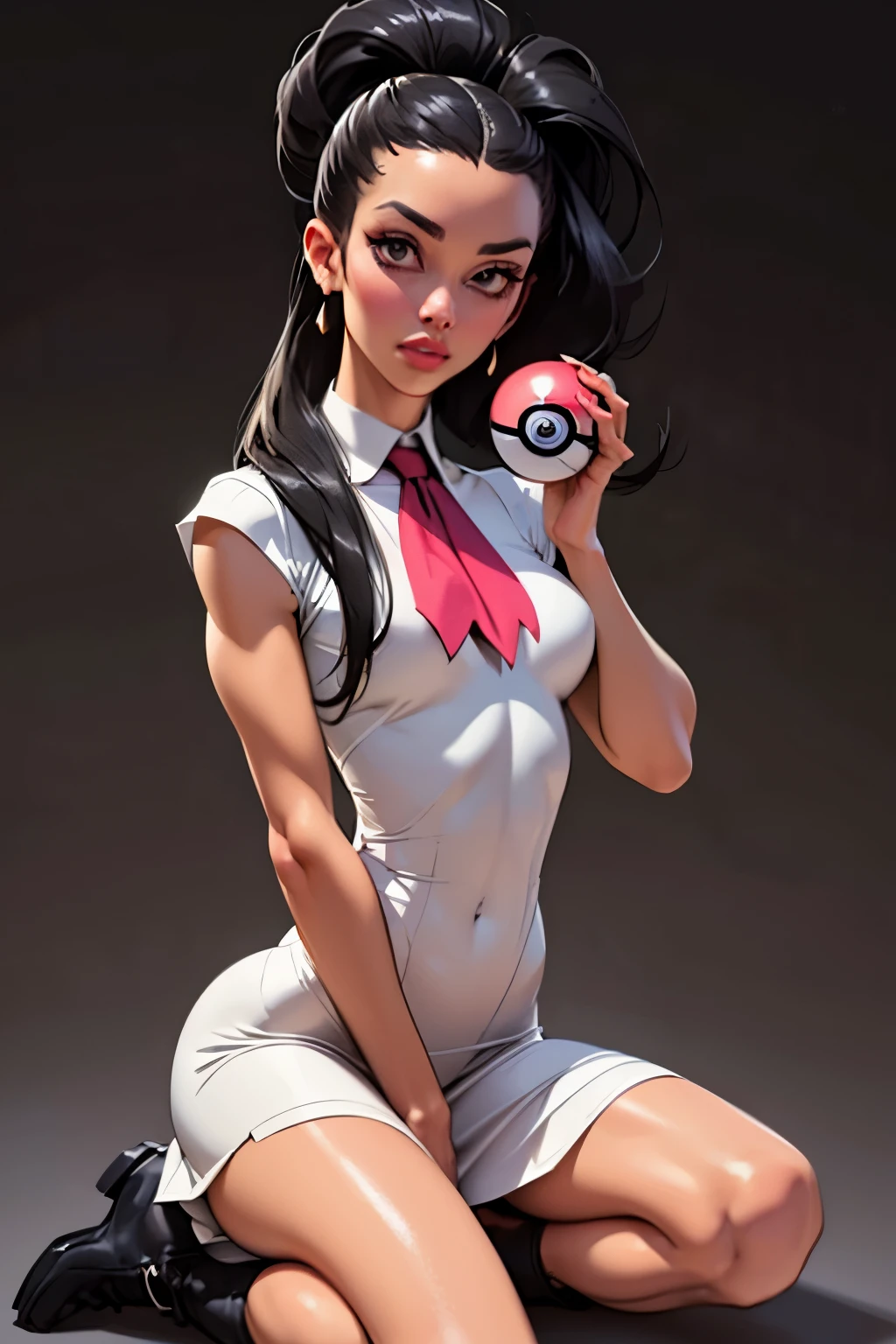 Masterpiece, Generate an illustration of a mature Roxanne, gym leader of pokemon , (lightgray dress), hd, holding a pokeball  all,  de terno preto, pink ascot,(( long black hair)), twin ponytail, shiny hair, (small breasts:1.2), outfit in anime format with a serious style, boots, make up, masterpiece, dark lighting, black background, ((puffy lips)),(slendered abs), beautiful face,