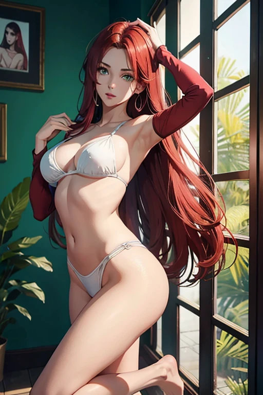 mulher sem roupa, corpo escultural e extremamente sensual. destaque para seus seios grandes e suas pernas.  The woman has white skin, bright green eyes, long red hair hanging down the shoulders. De altura mediana, barefoot.