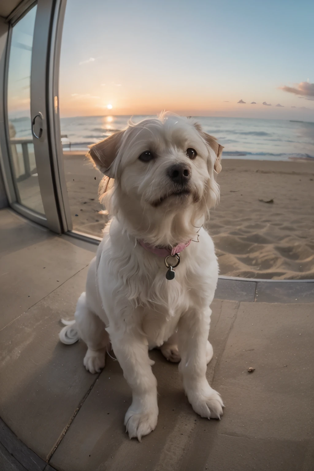 a big fluffy maltese dog taking selfie in a beach, sunset, fisheye lens, establishing shot, pastel color grading, depth of field cinematography effect, film noir genre, 8k resolution, high quality, ultra detail